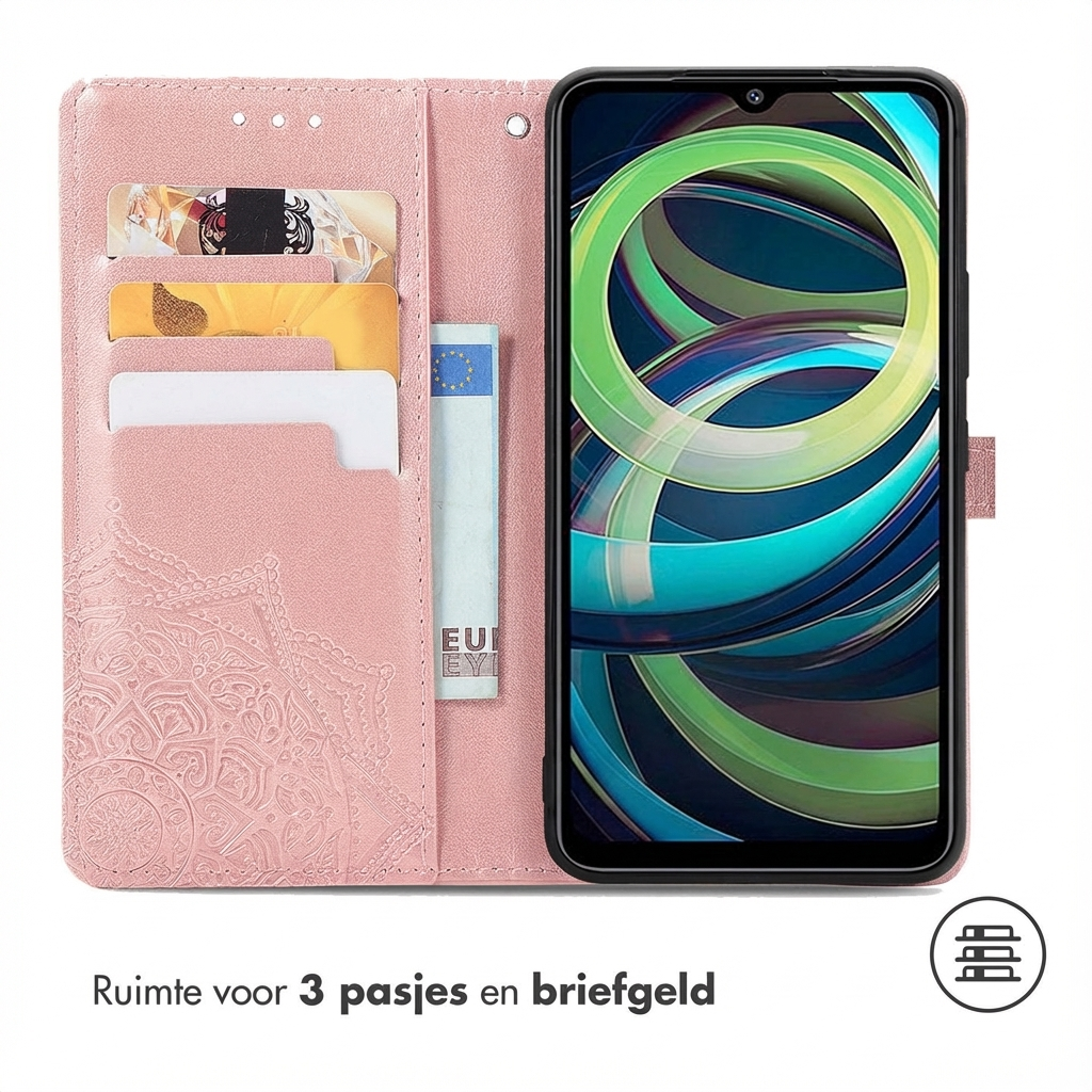 Una custodia rosa per telefono con slot per carte e un telefono con schermo colorato.