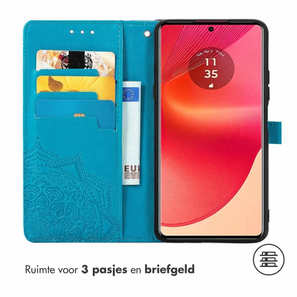 Turquoise telefoonhoes met kaarthouders en geldvak. Toont een klok.