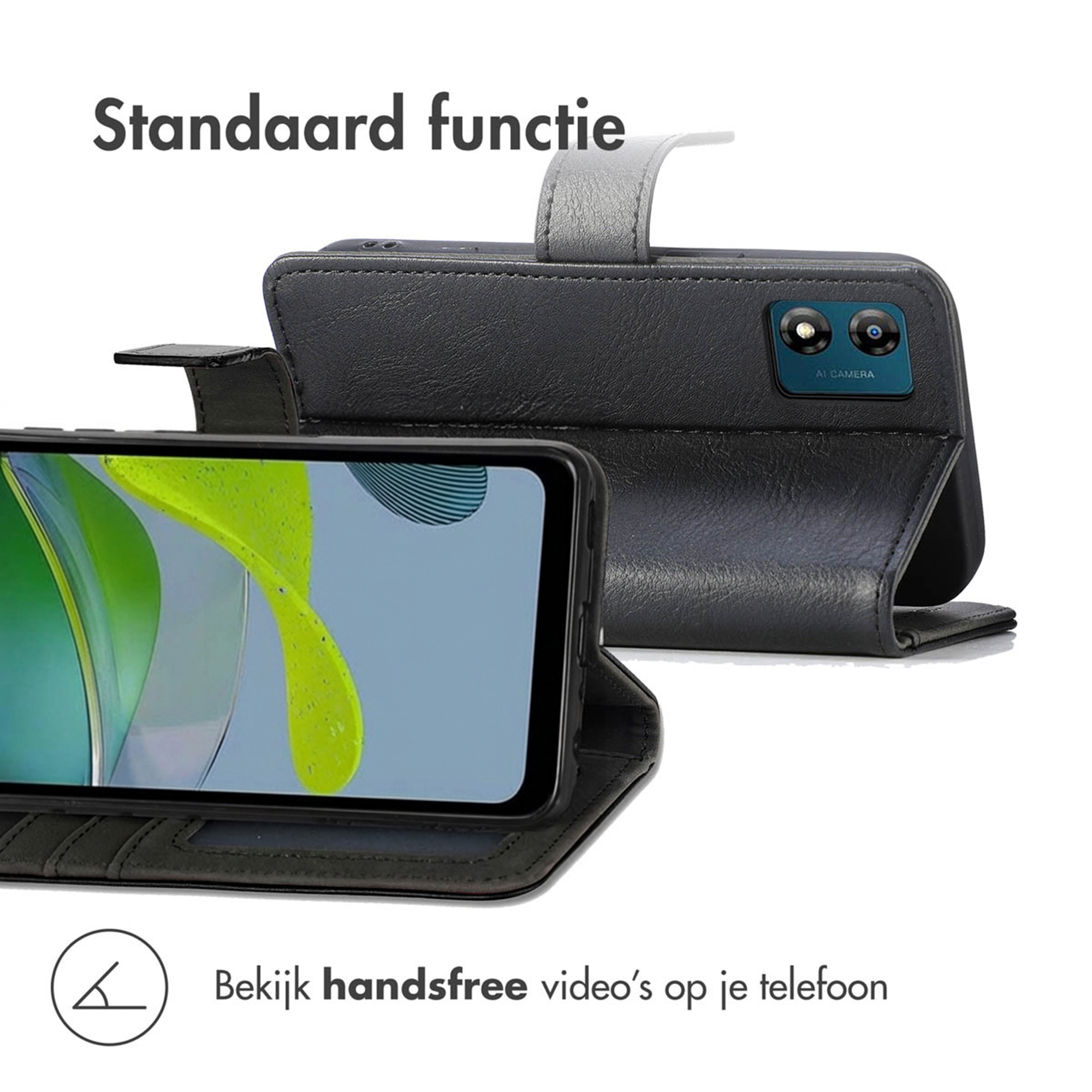 Een zwarte telefoon in een hoesje met standaardfunctie voor video's.