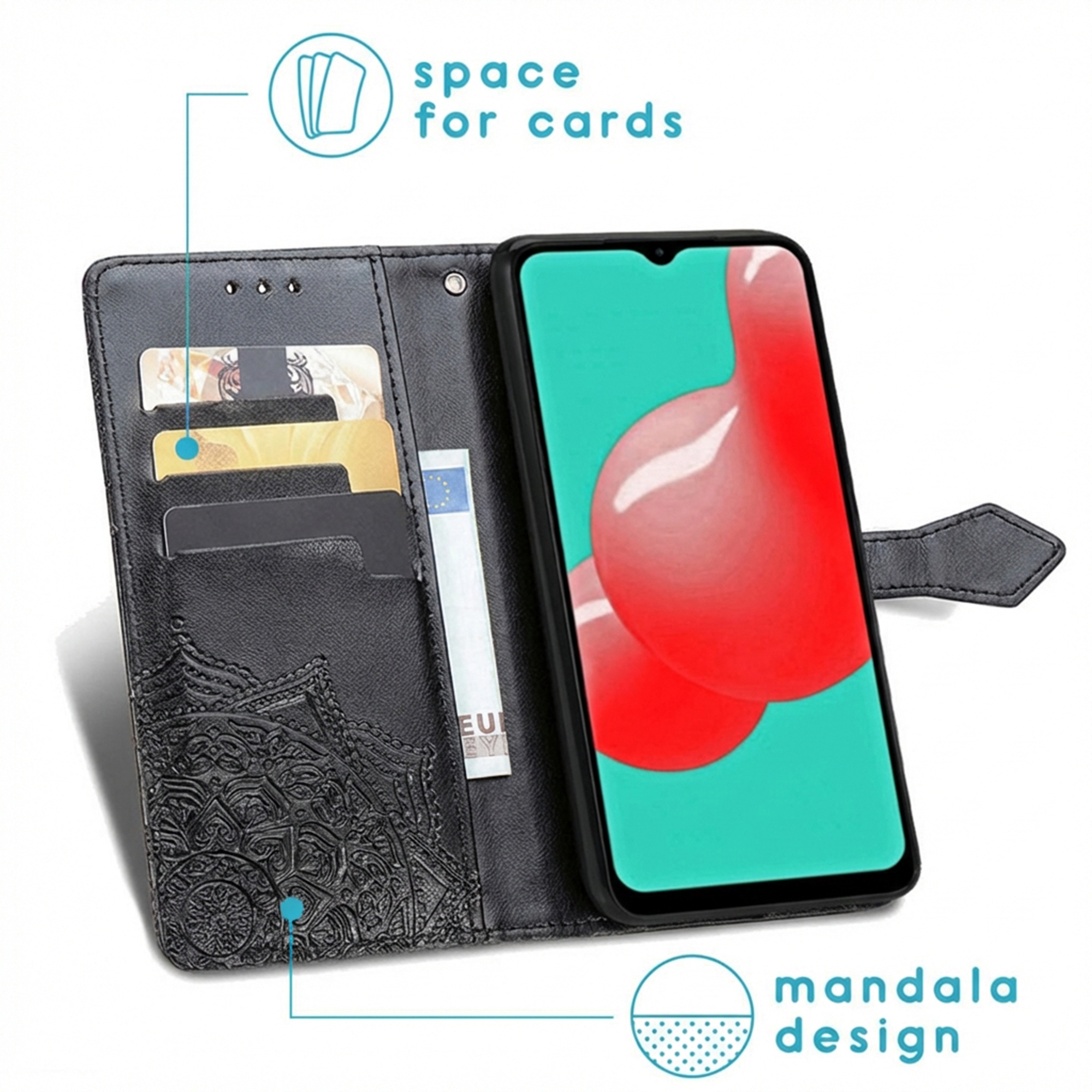 Zwarte telefoon-portemonneehoes met kaartsleuven en mandala-ontwerp.