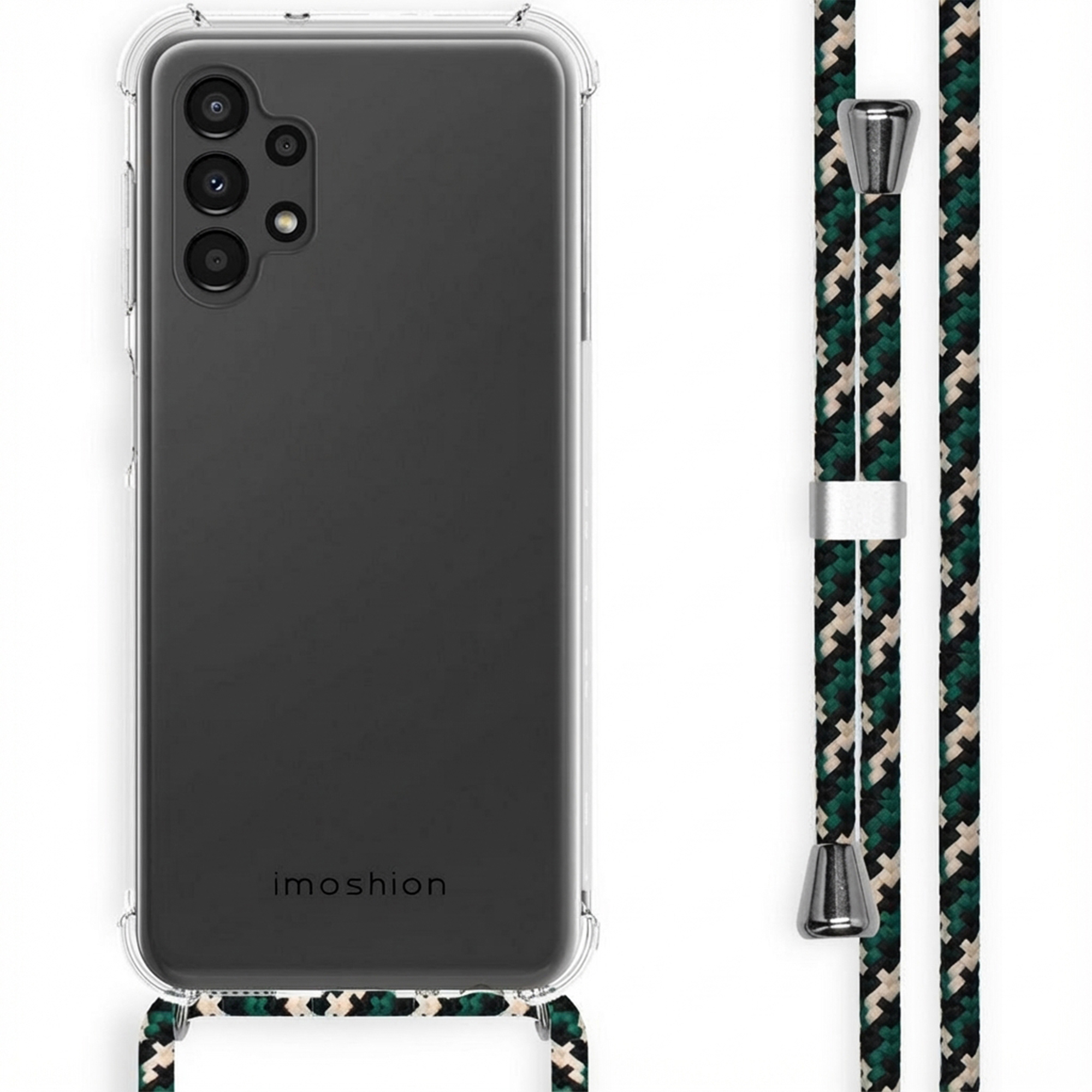 Een doorzichtige telefoonhoes met een camouflageband en zilveren beslag.