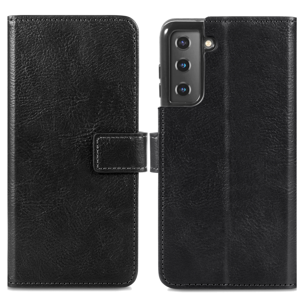 Zwarte leren flip telefoonhoes met camera-uitsparing en magneetsluiting.