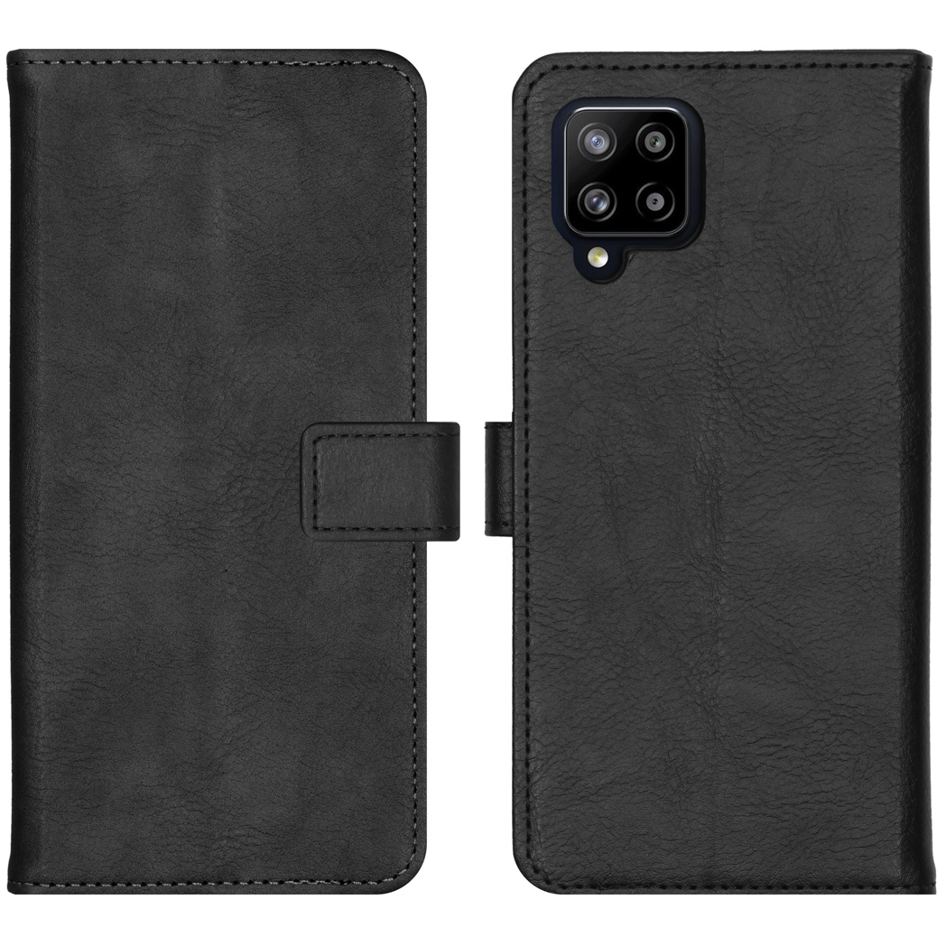 Étui de téléphone à rabat en cuir noir avec système de caméra arrière.