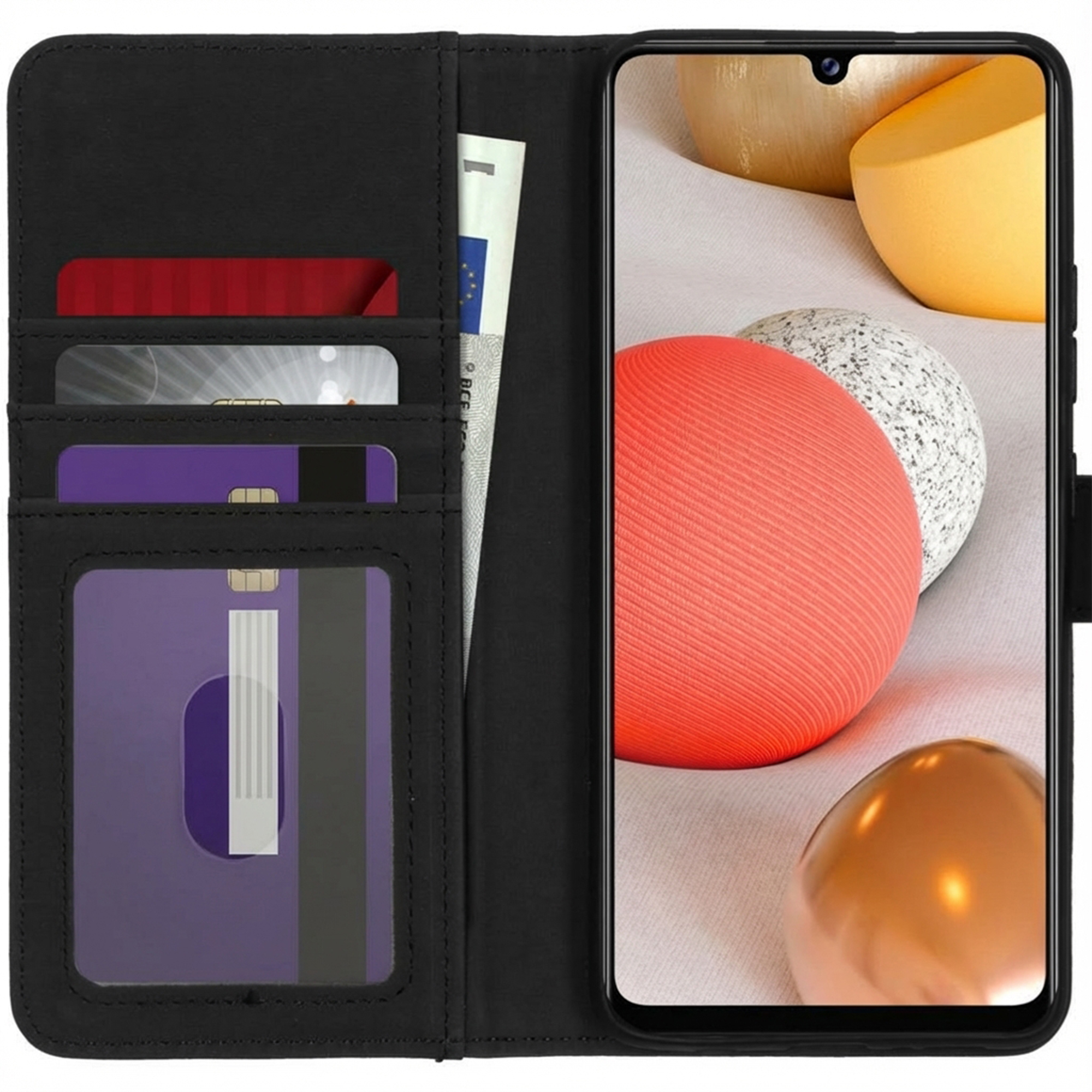 Portefeuille noir avec fente pour téléphone. Contient cartes et billets.