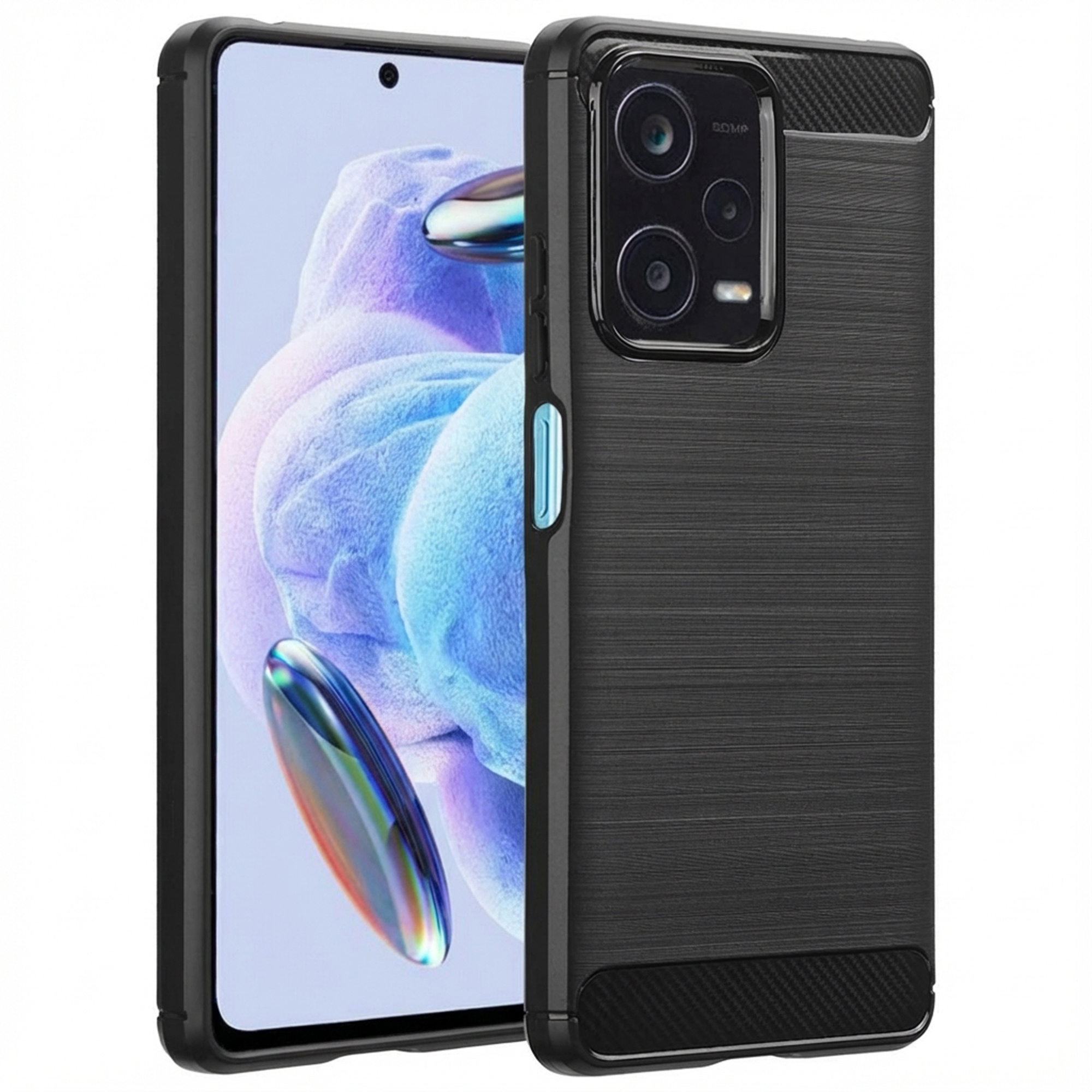 Una custodia nera per telefono con texture spazzolata accanto a uno smartphone con sfondo blu e viola.