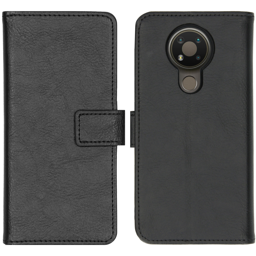 Custodia per telefono in pelle nera aperta, mostra fotocamera e sensore.