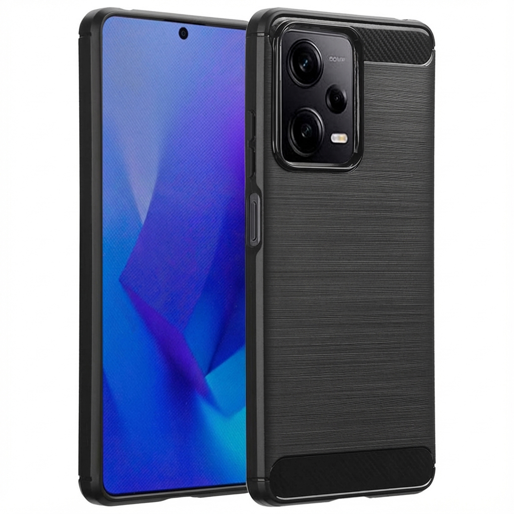 Coque de téléphone noire texturée brossée avec lentilles de caméra.