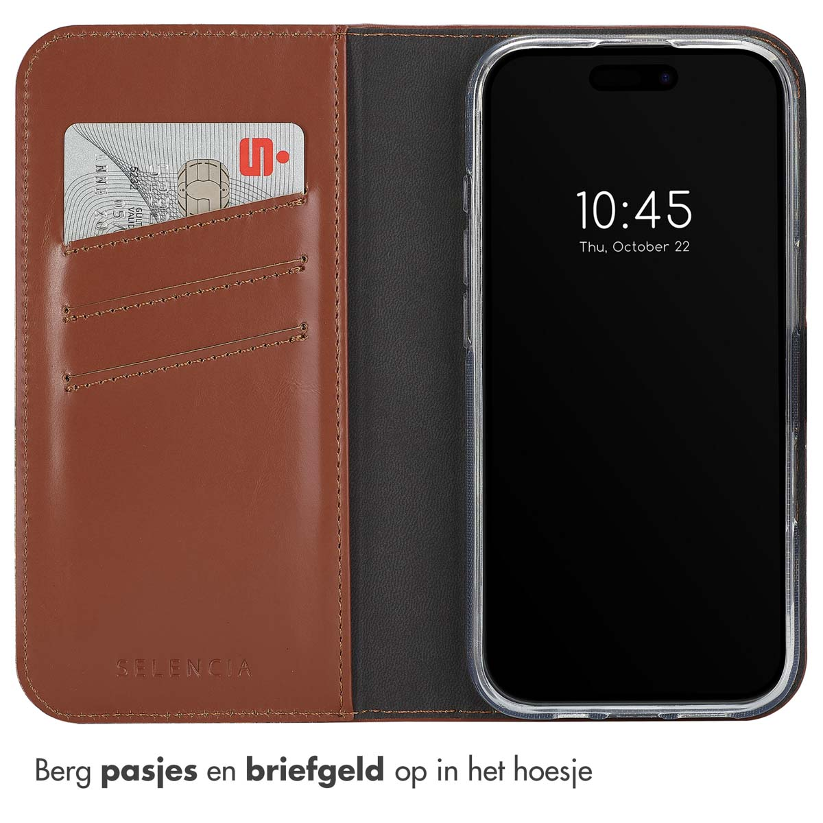 Braune Lederhülle für ein Smartphone mit Kartenschlitz und einer Karte.