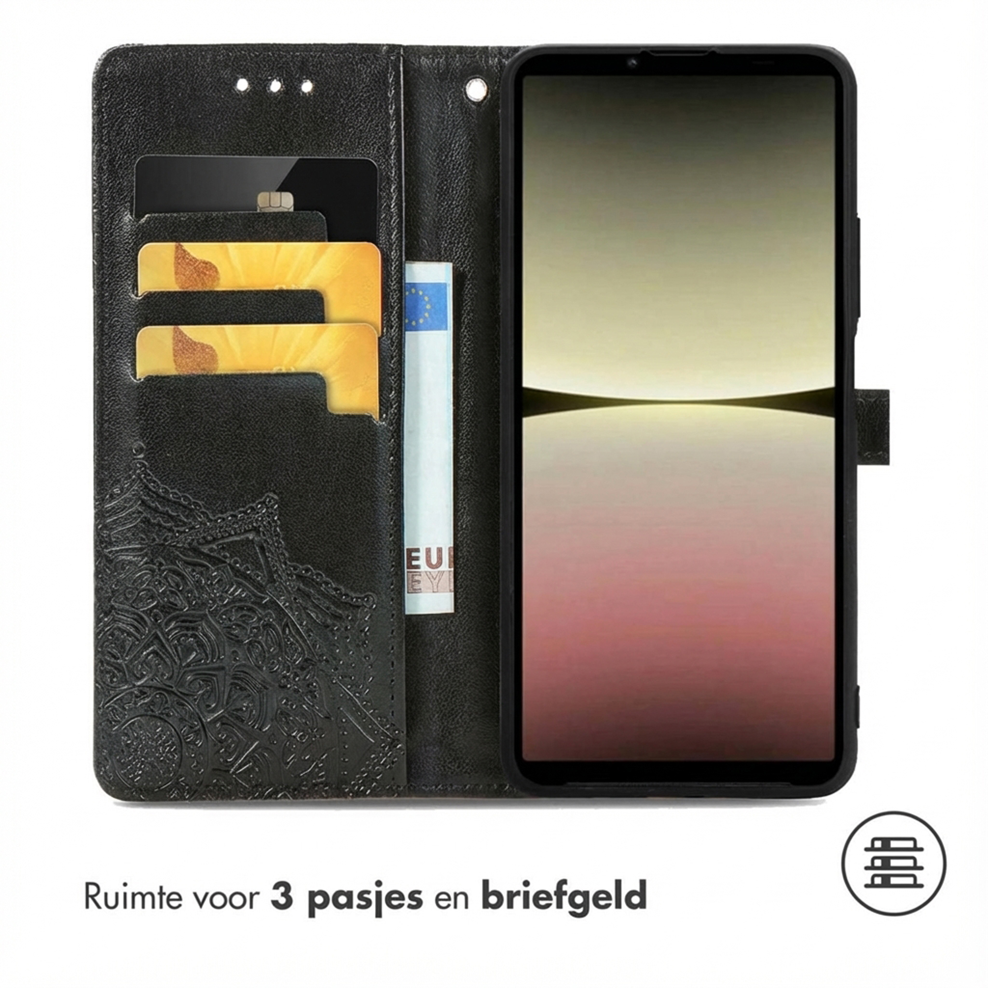 Étui portefeuille noir pour téléphone avec fentes pour cartes et poche.