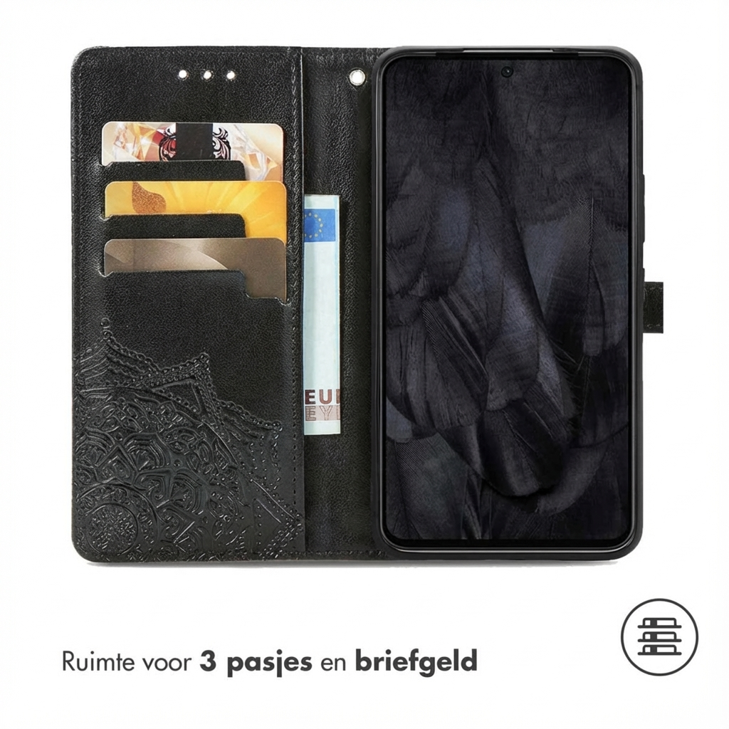 Étui de téléphone noir avec fentes pour cartes et poche à billets. Téléphone inséré.