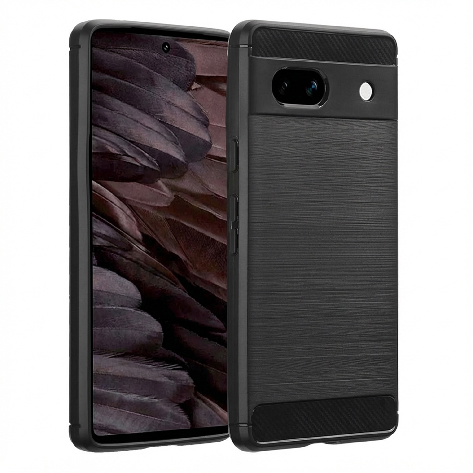 Un telefono nero in una custodia testurizzata in legno con fotocamera.