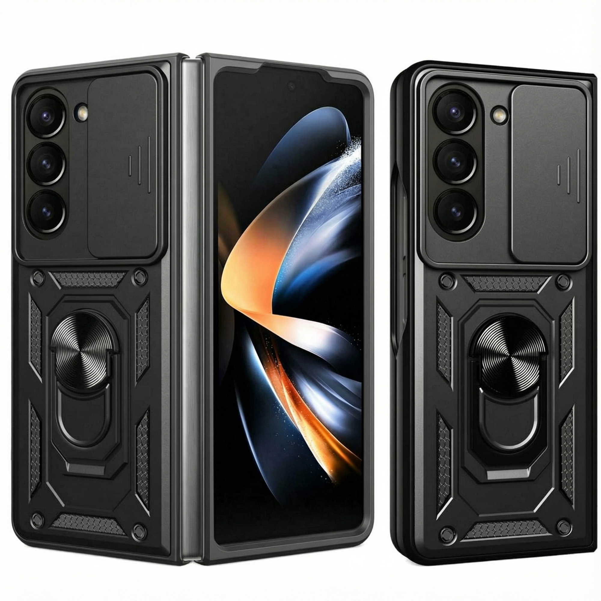 Ensemble de coques de téléphone noires avec triple appareil photo et support annulaire.