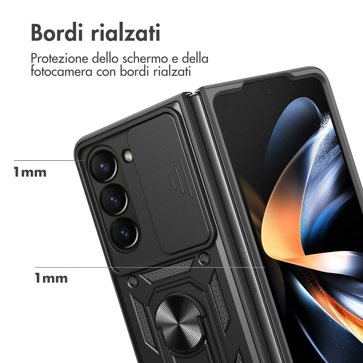Coque de téléphone noire avec bords surélevés pour appareil photo et écran.