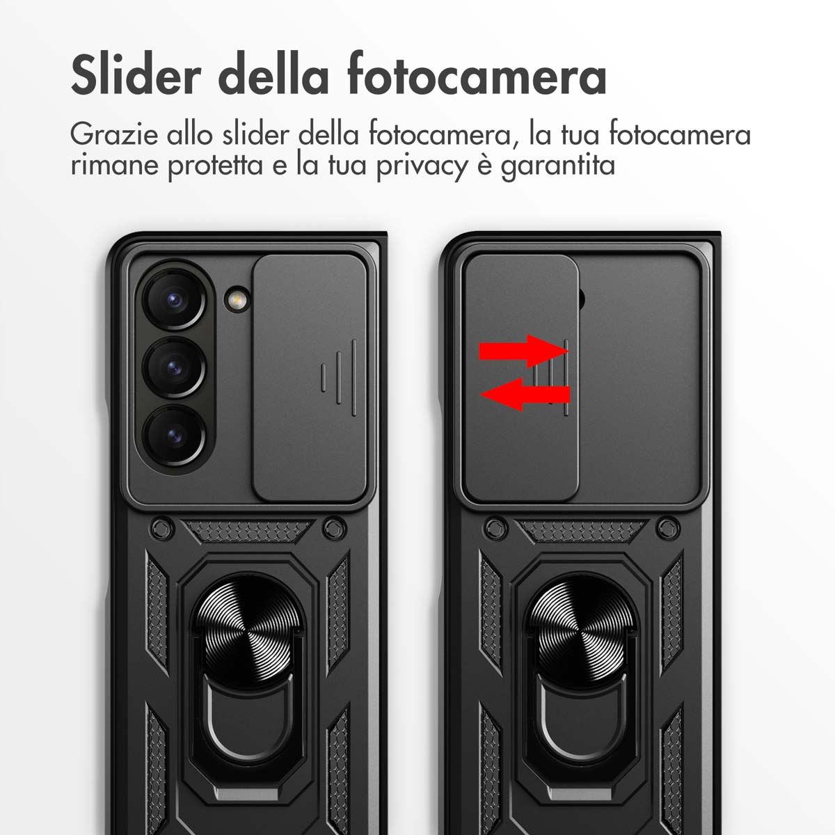 Coque de téléphone noire avec cache-objectif et support anneau.