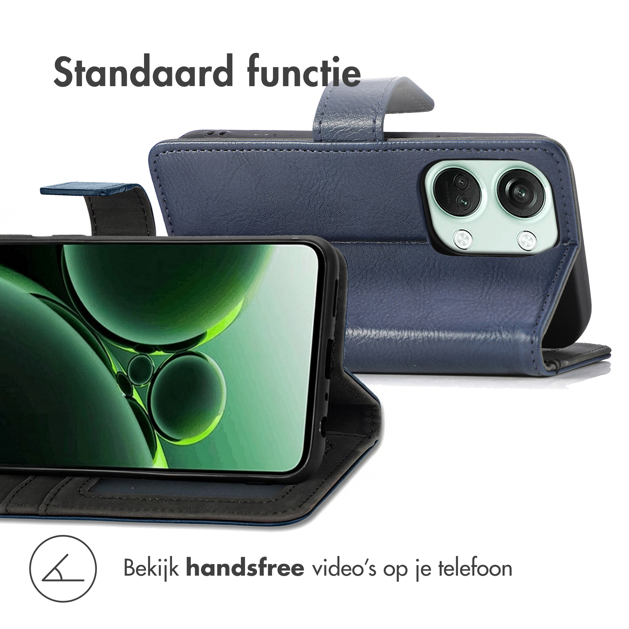 Un étui de téléphone en cuir bleu avec fonction de support est montré de dos et de face.
