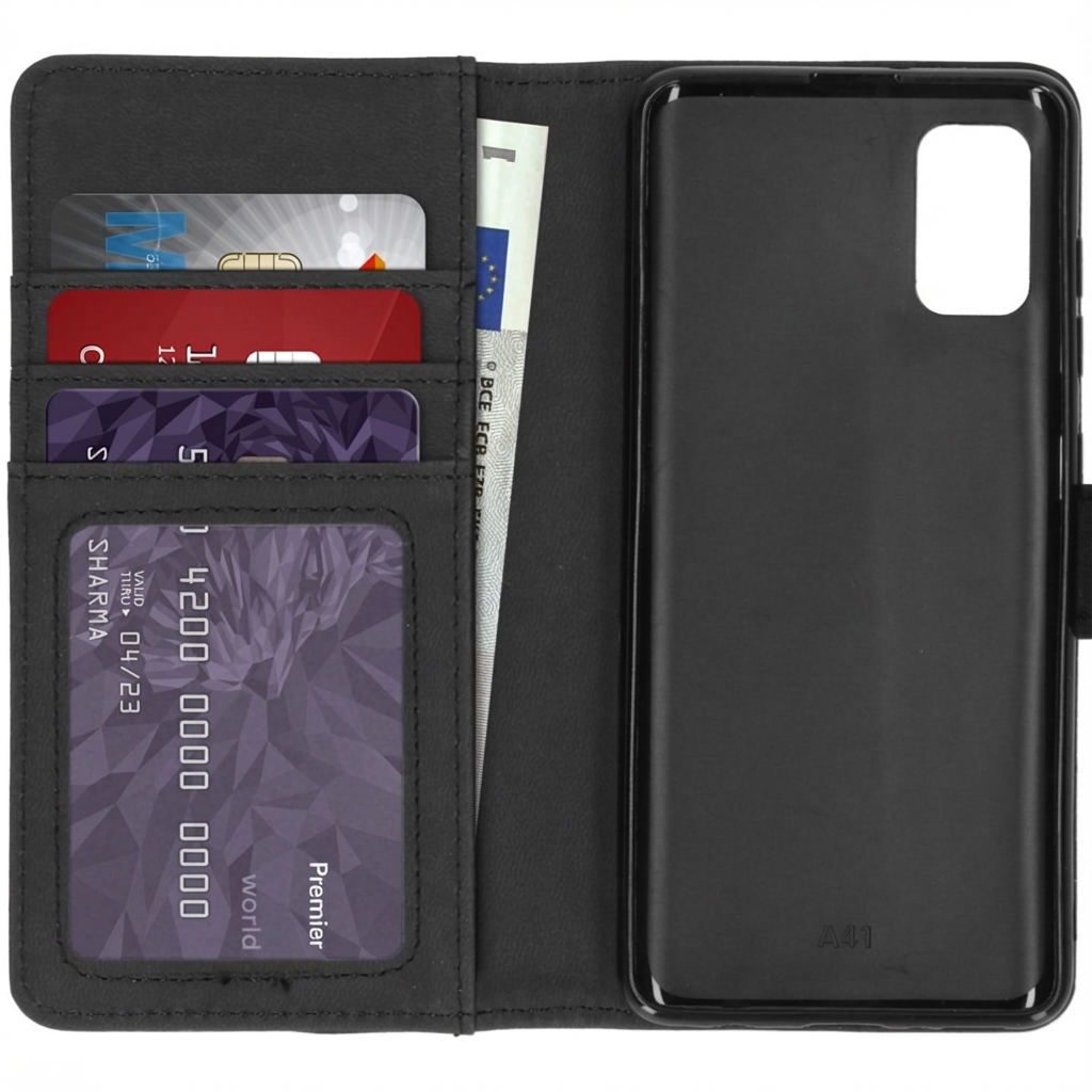 Étui portefeuille noir pour téléphone avec cartes, argent et support. Modèle A41.