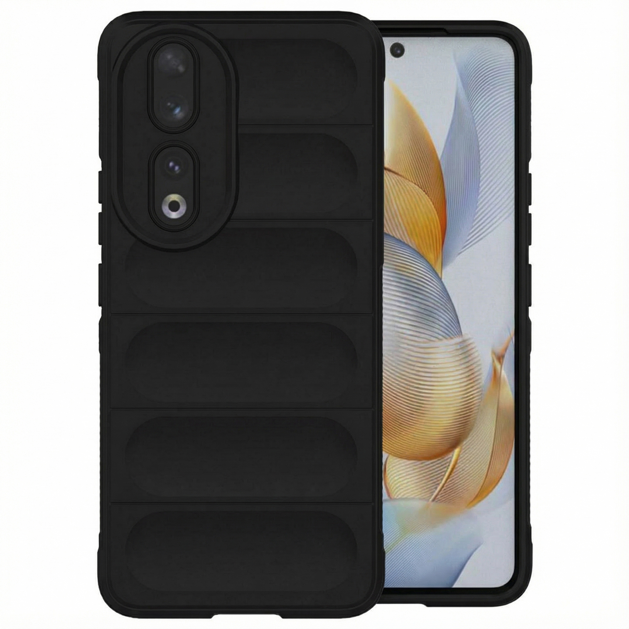 Coque de téléphone noire avec dos texturé et découpe caméra, à côté d'un smartphone avec fond coloré.