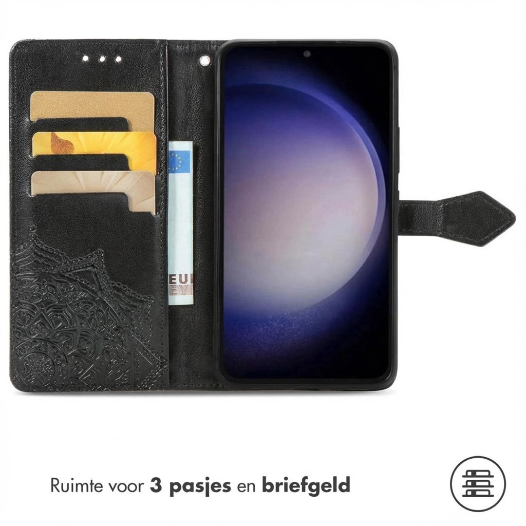 Zwarte portemonnee met telefoonvak, kaarthouders en vak voor briefgeld.