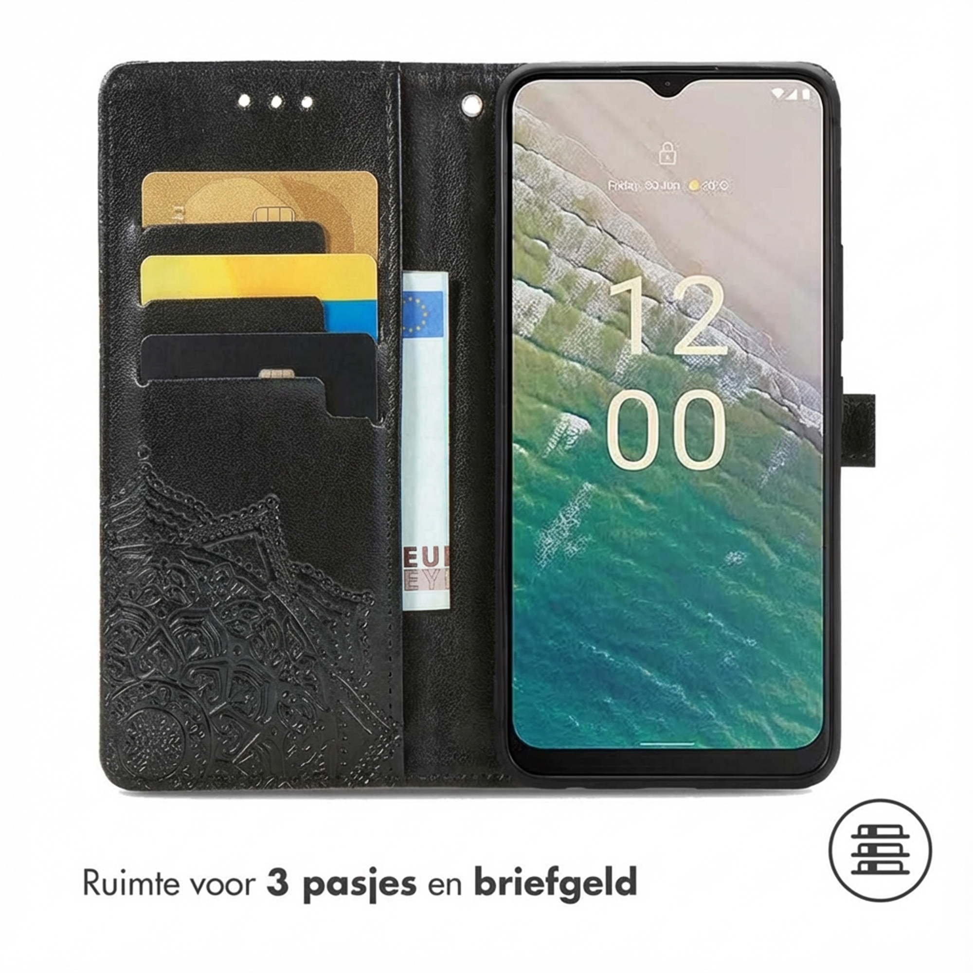 Zwarte telefoon-portemonnee met kaarthouders, geldvak en telefoon.