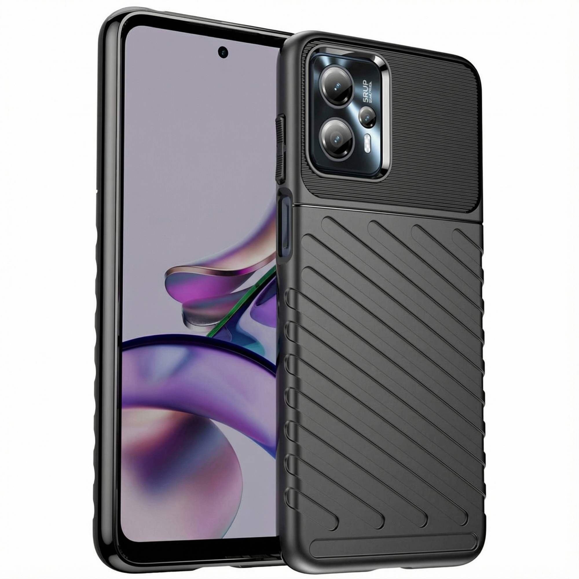 Smartphone noir avec étui protecteur couvrant le module caméra et le dos.