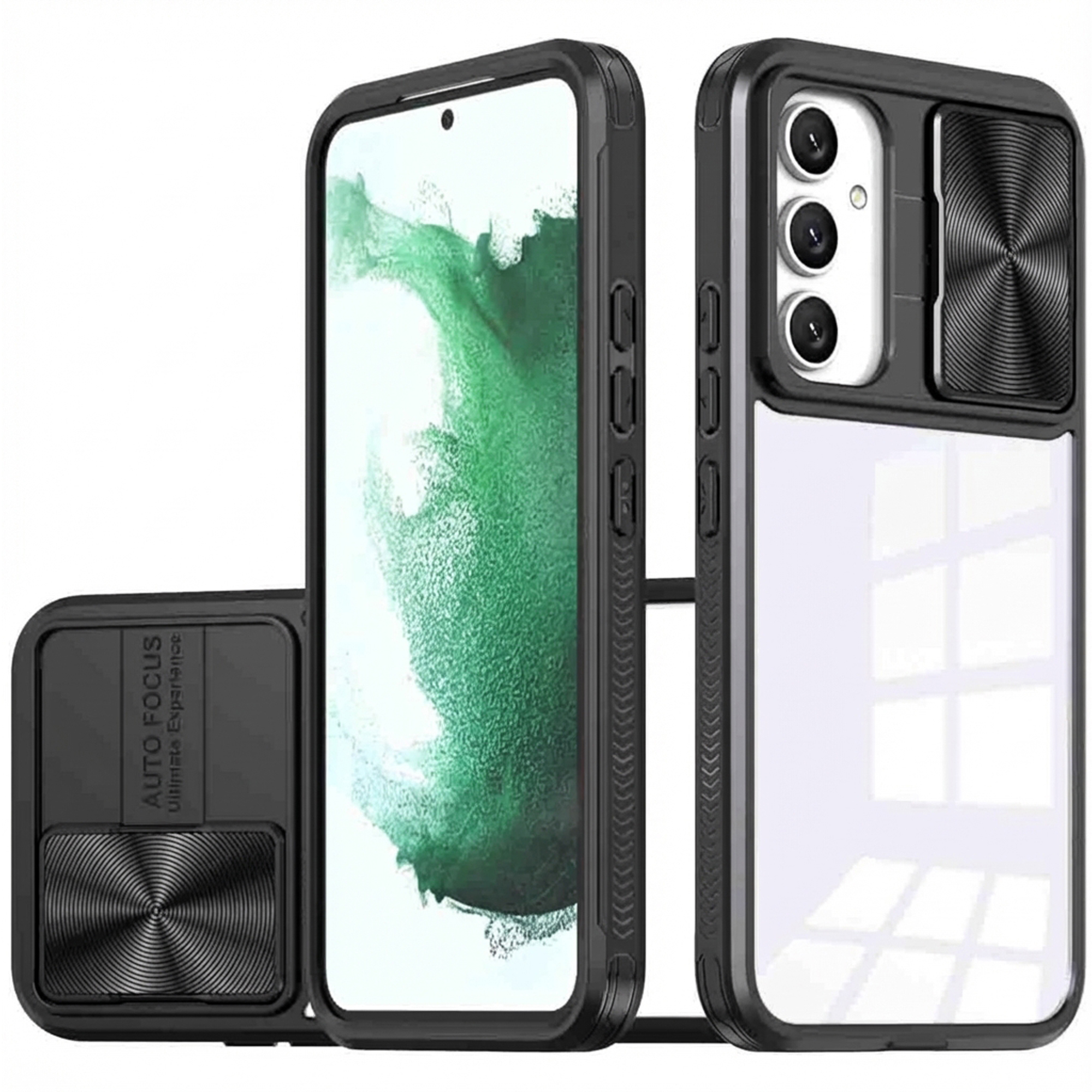 Zwarte telefoonhoes met schuifbare cameralens en doorzichtig achterpaneel.