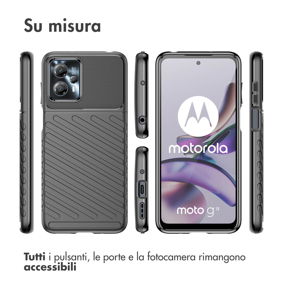 Coque de téléphone en caoutchouc gris avec découpe caméra, logo Motorola, Moto G13.