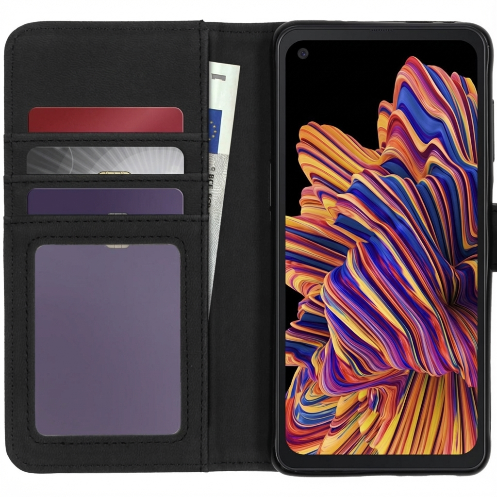 Custodia a portafoglio nera per telefono con slot per carte e tasca per contanti. Il telefono mostra un motivo astratto colorato.