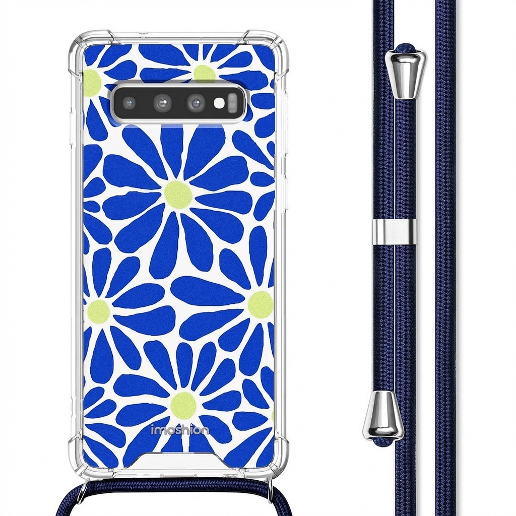 Coque transparente à motif floral bleu et cordon