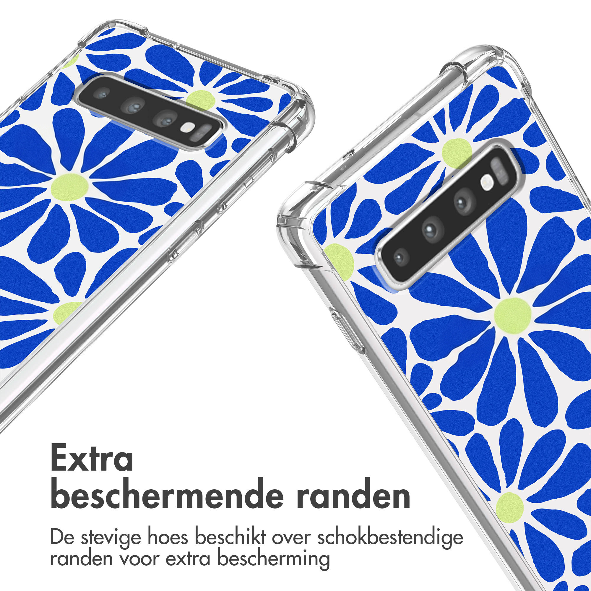 Coque de téléphone transparente avec motif floral bleu et blanc et centres vert clair.
