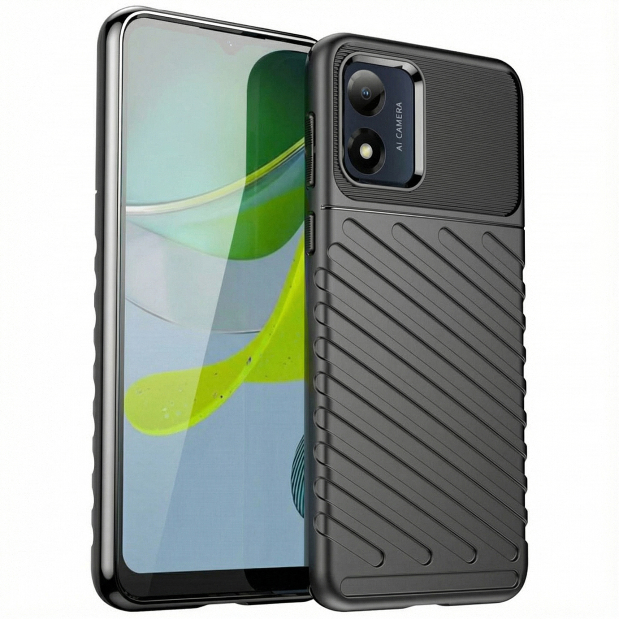 Zwarte smartphone met dubbele camera en gestructureerde achterkant.