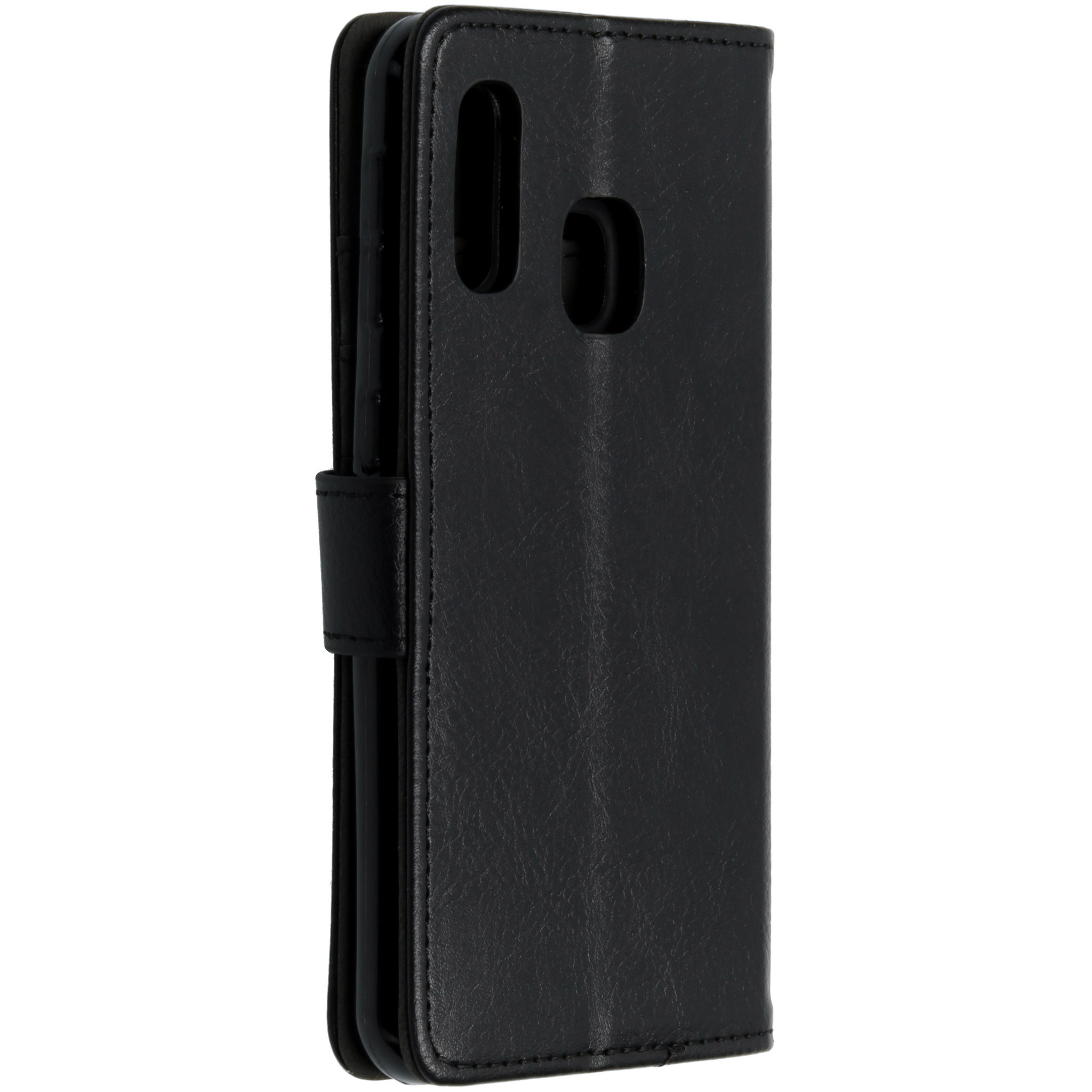 Étui de téléphone en cuir noir ouvert montrant les découpes de l'appareil photo.