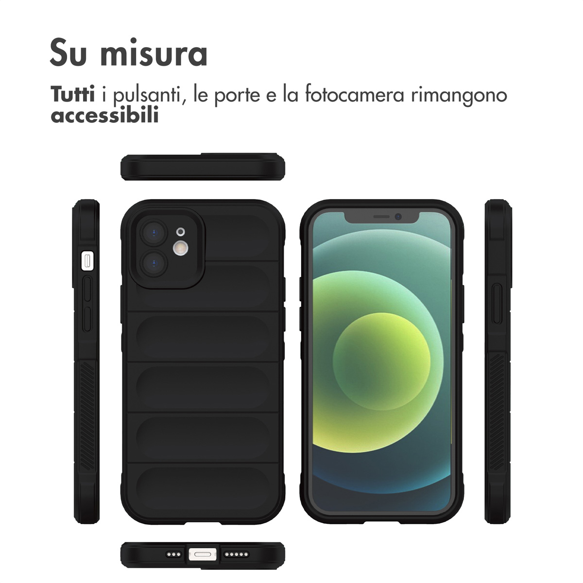 Coque de téléphone noire montrée sous plusieurs angles.