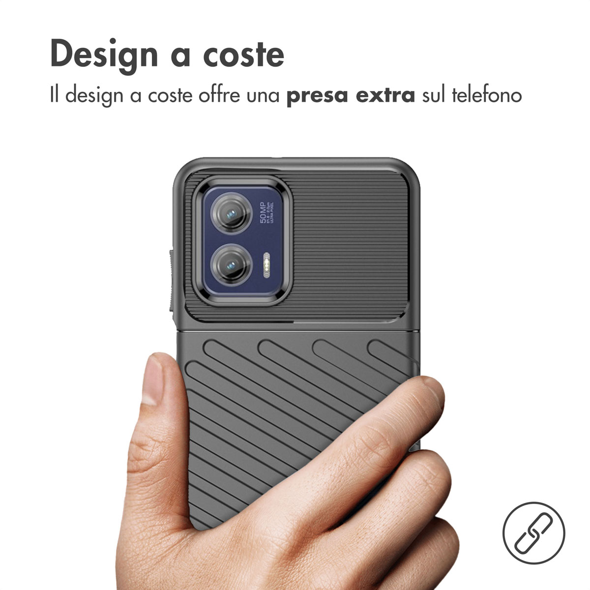 Grijze telefoon met gestructureerde hoes, in de hand gehouden.