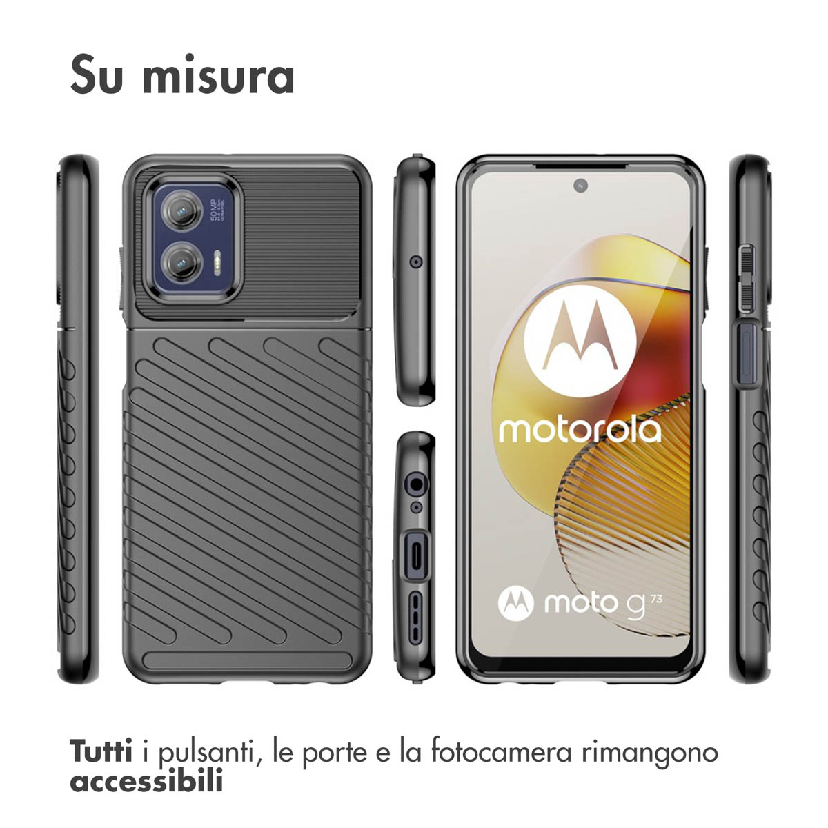 Een zwarte telefoonhoes wordt van alle kanten getoond, naast een Motorola telefoon.