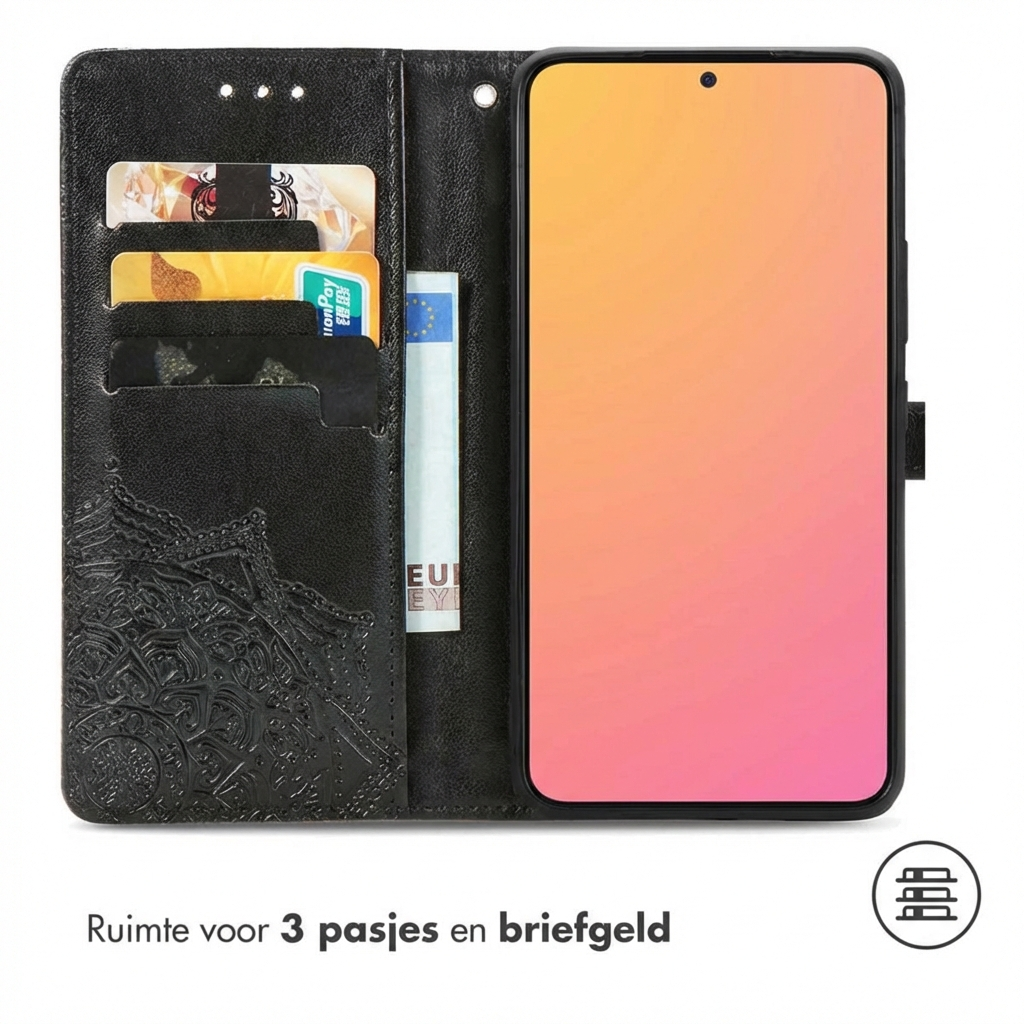 Zwarte telefoonhoes met kaarthouders en geldvak. Een telefoon is geplaatst.