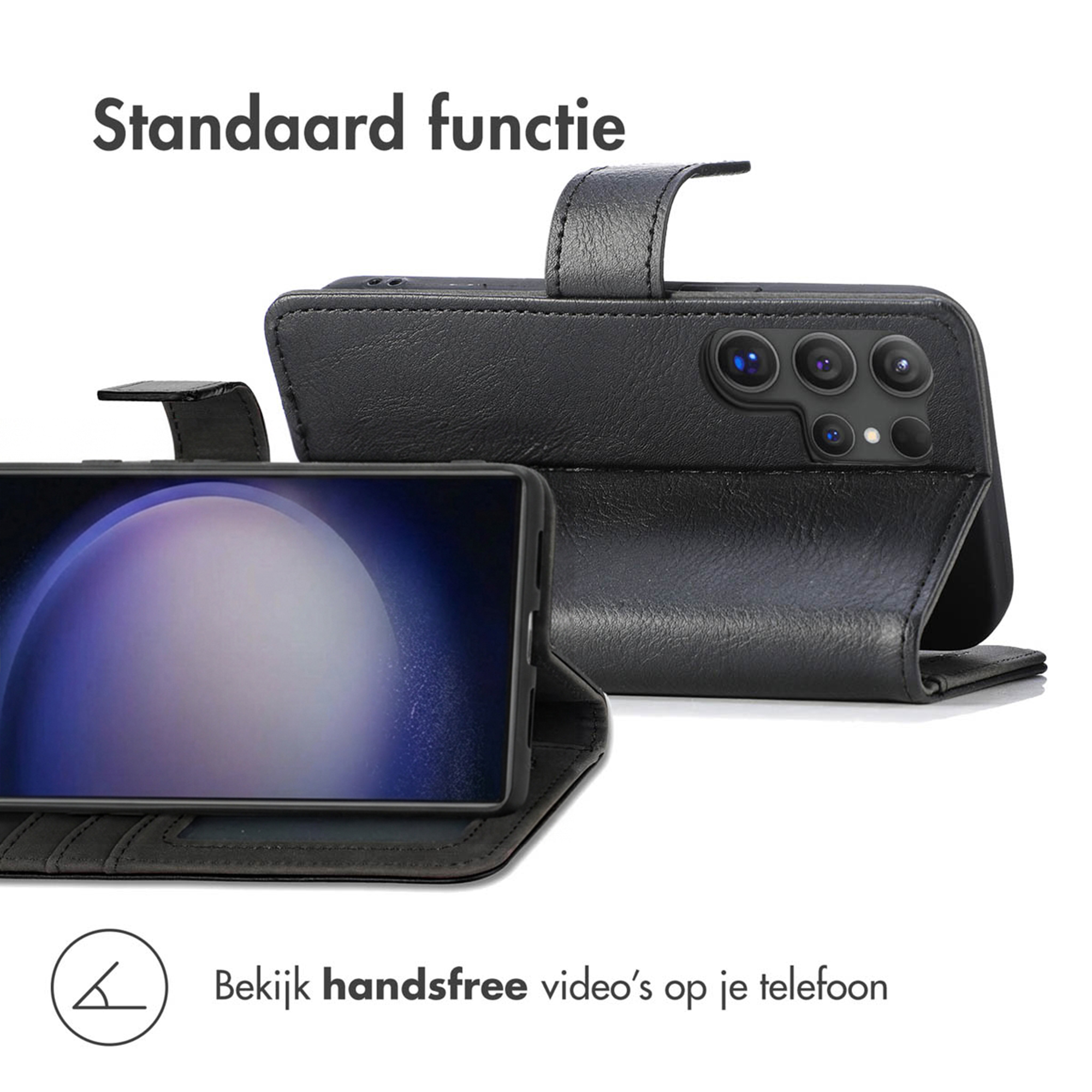 Étui de téléphone noir ouvert, montrant le téléphone et la fonction support.