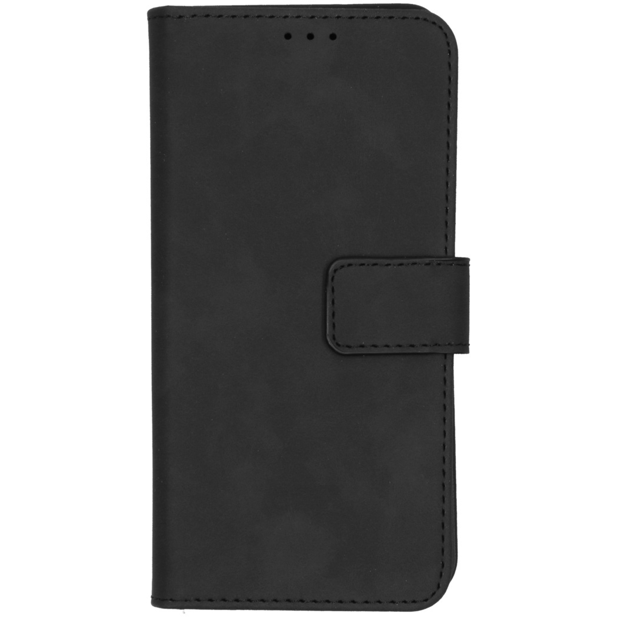 Copertina per telefono in pelle nera con cuciture e chiusura a scatto.