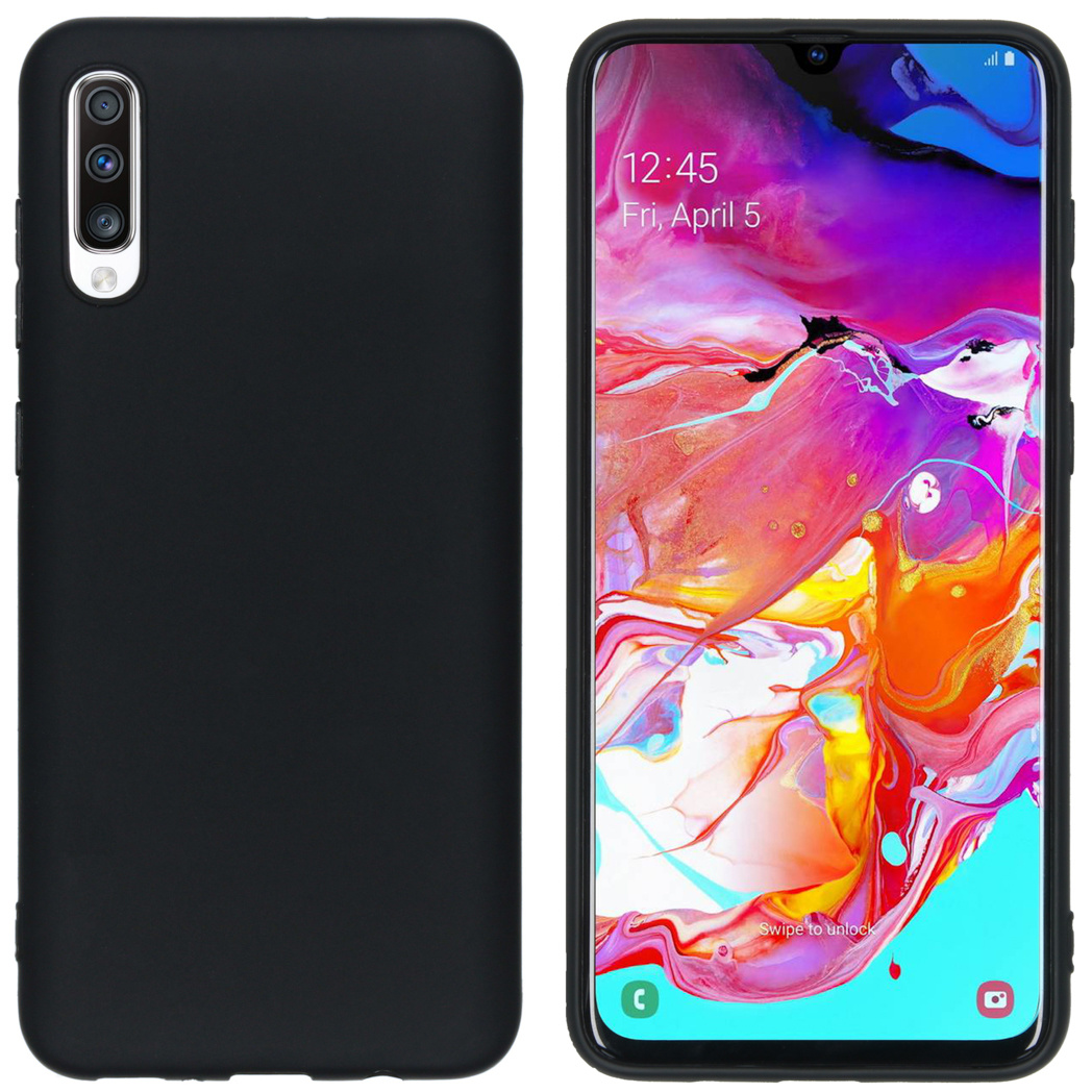 Zwart telefoonhoesje en een smartphone met een kleurrijke grafische afbeelding op het vergrendelingsscherm.