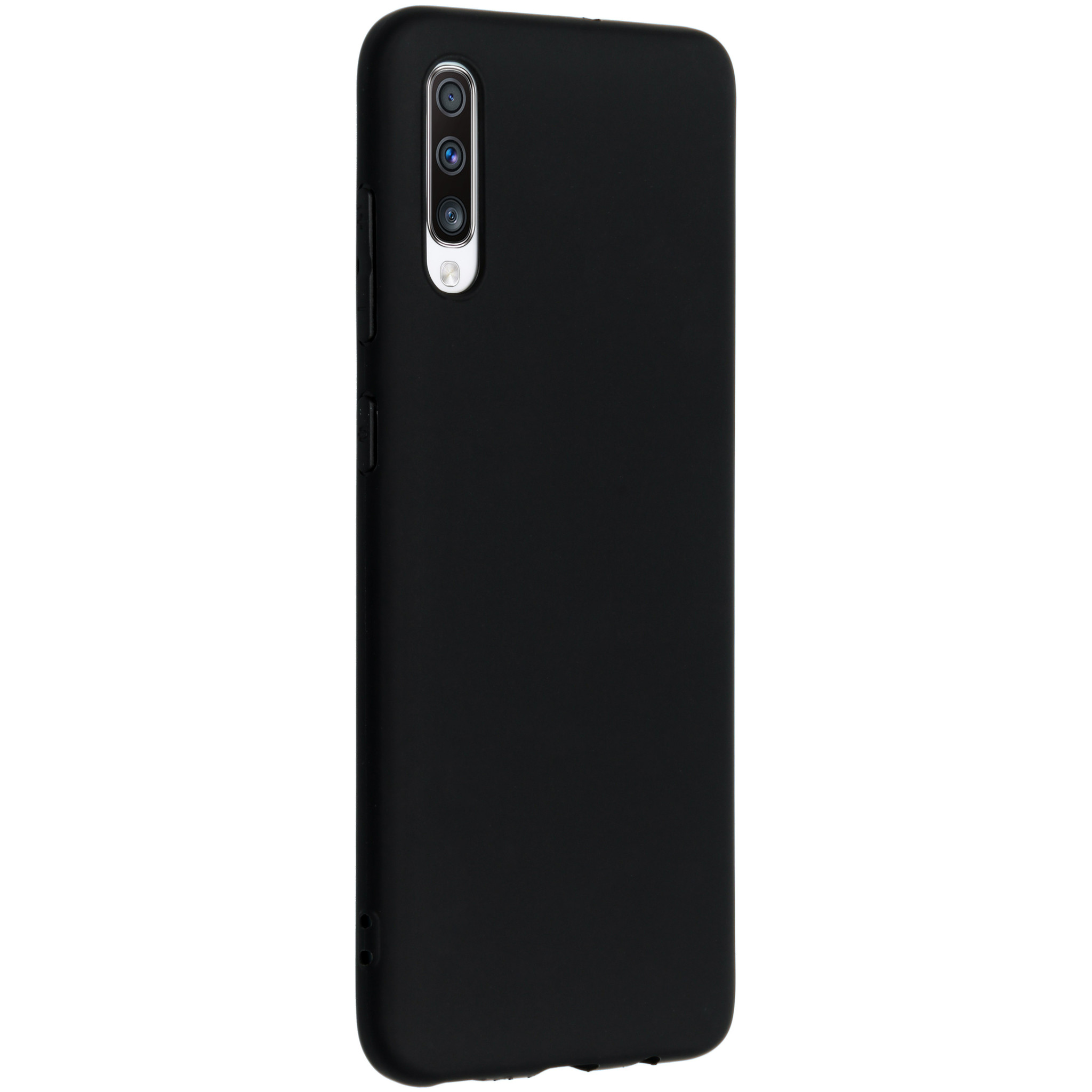 Zwarte telefoonhoes met drievoudige camera-uitsparing en zilveren flitser.