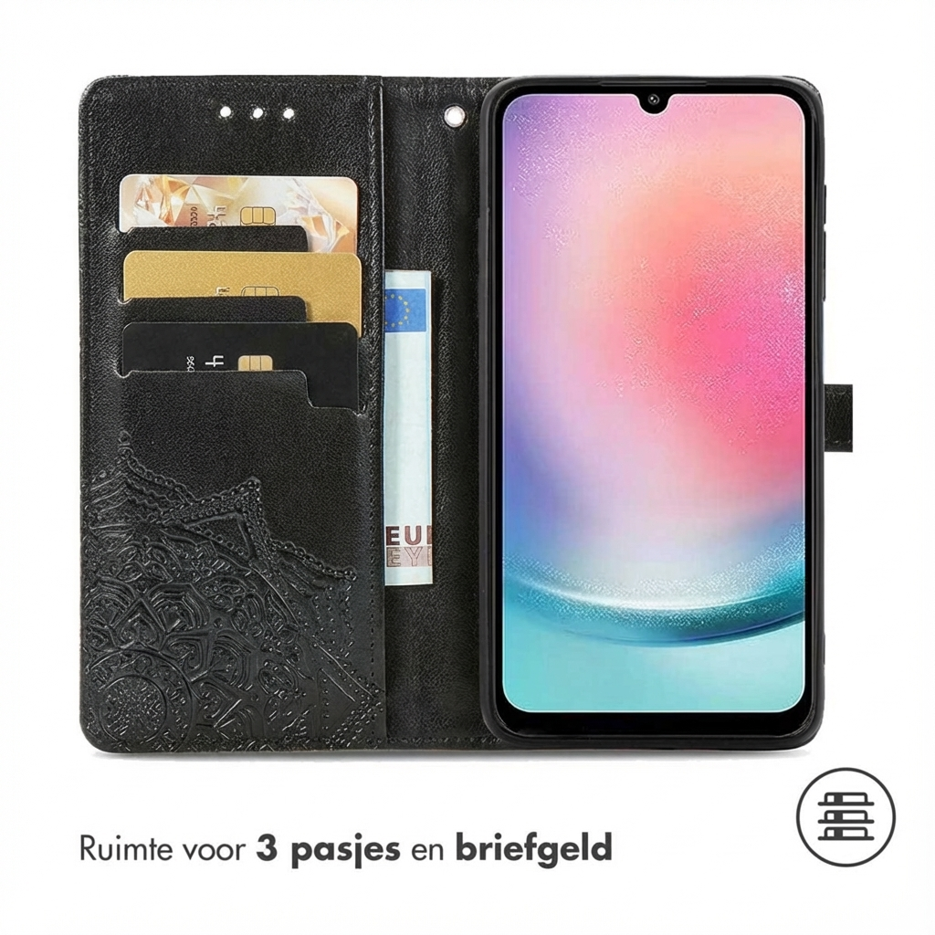 Zwart telefoonhoesje met kaarthouders en geldvak, telefoon met kleurrijk scherm.