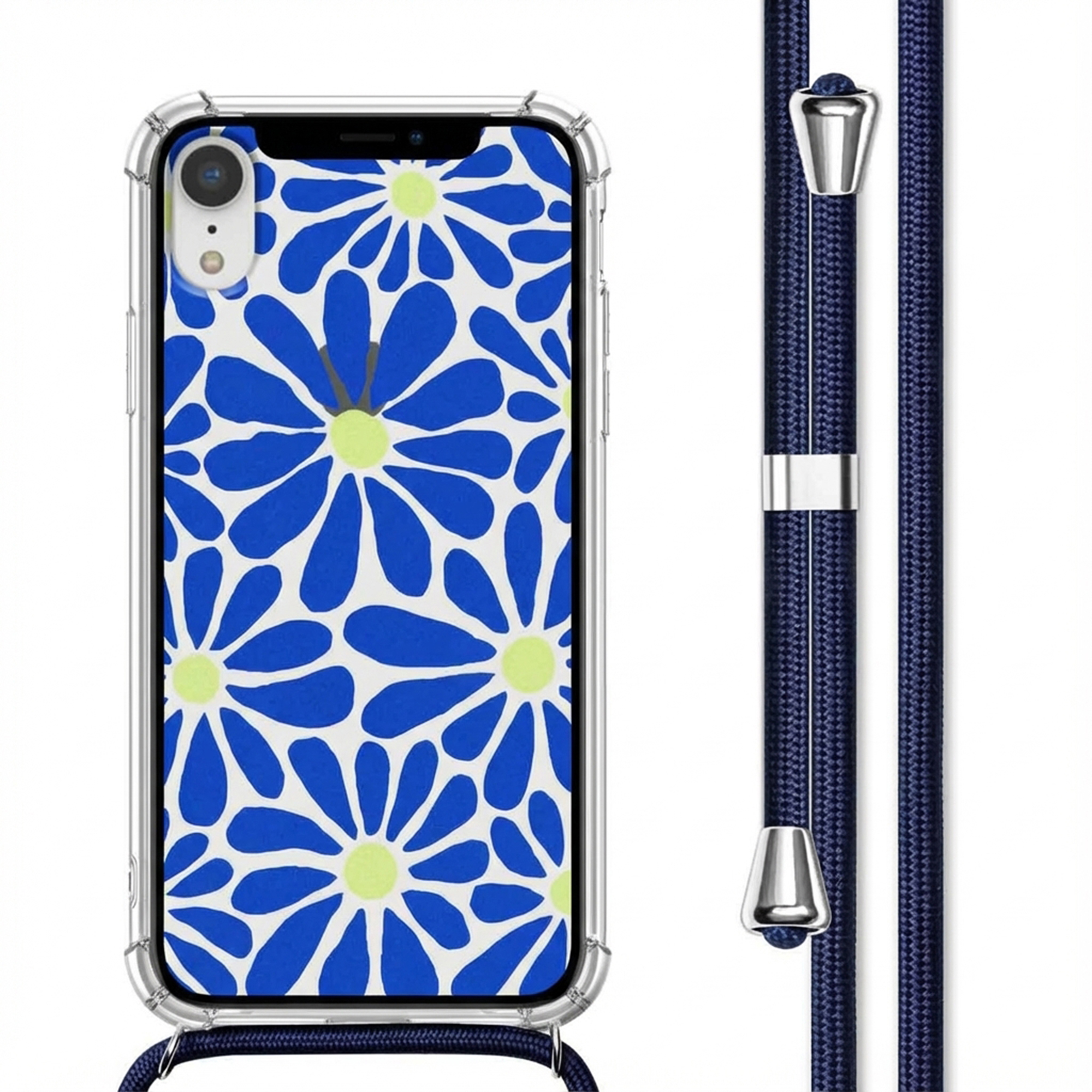 Een doorzichtige telefoonhoes met blauw-wit bloemenpatroon en koord.