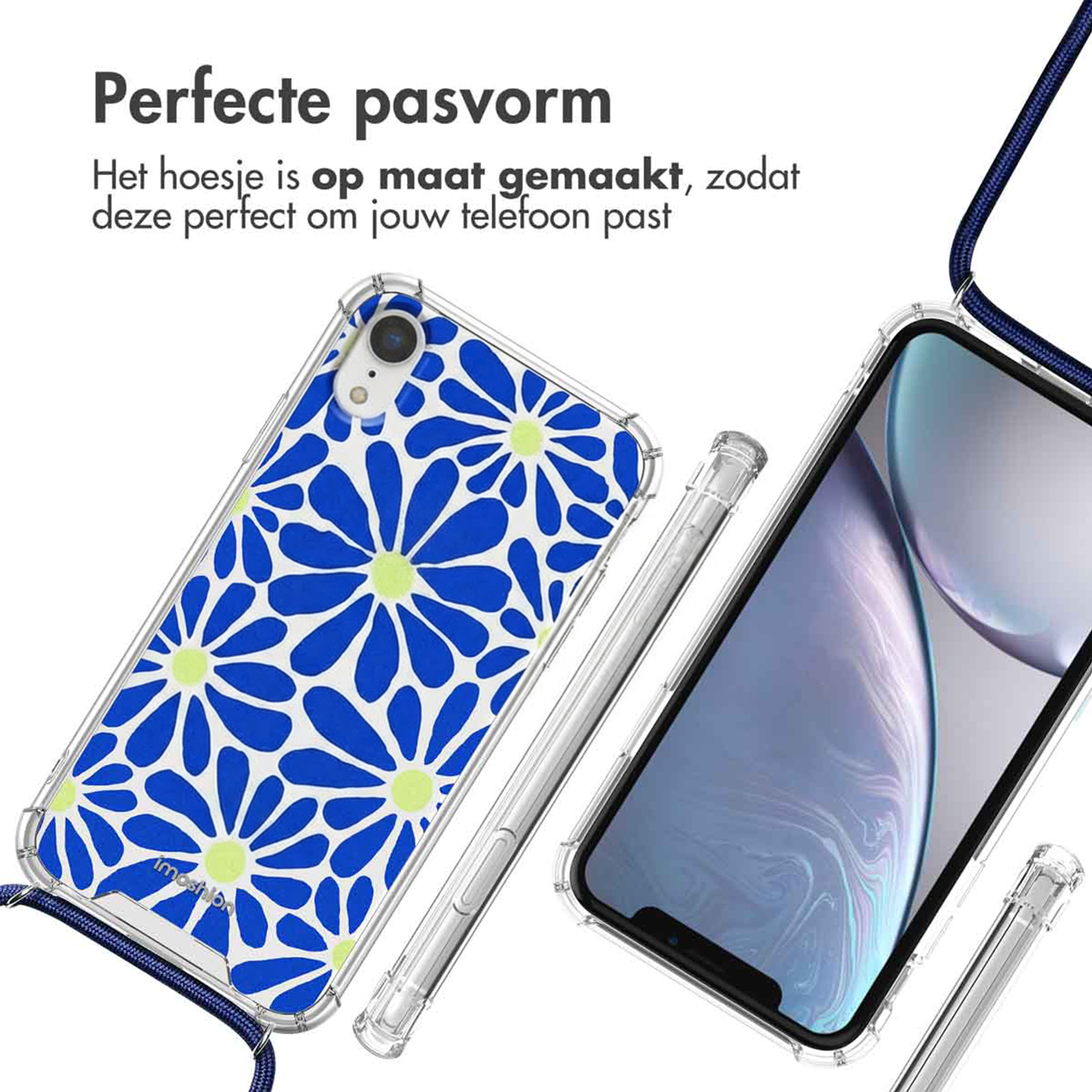 Transparante telefoonhoes met blauw bloemenpatroon en koord.