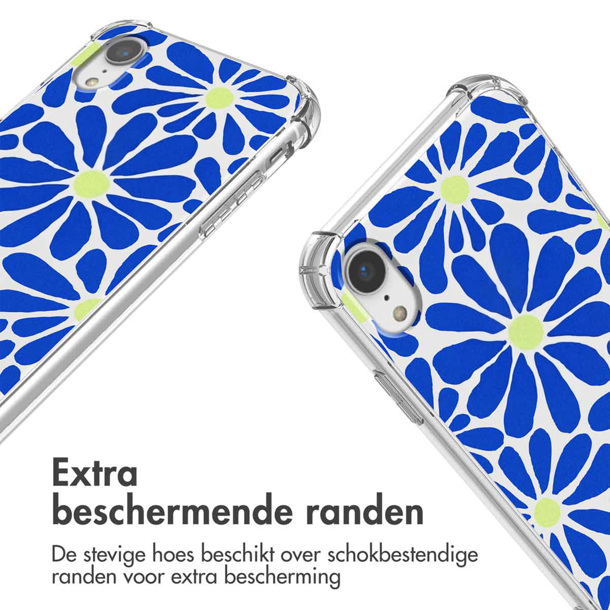 Twee doorzichtige telefoonhoesjes met blauw-geel bloemenpatroon.