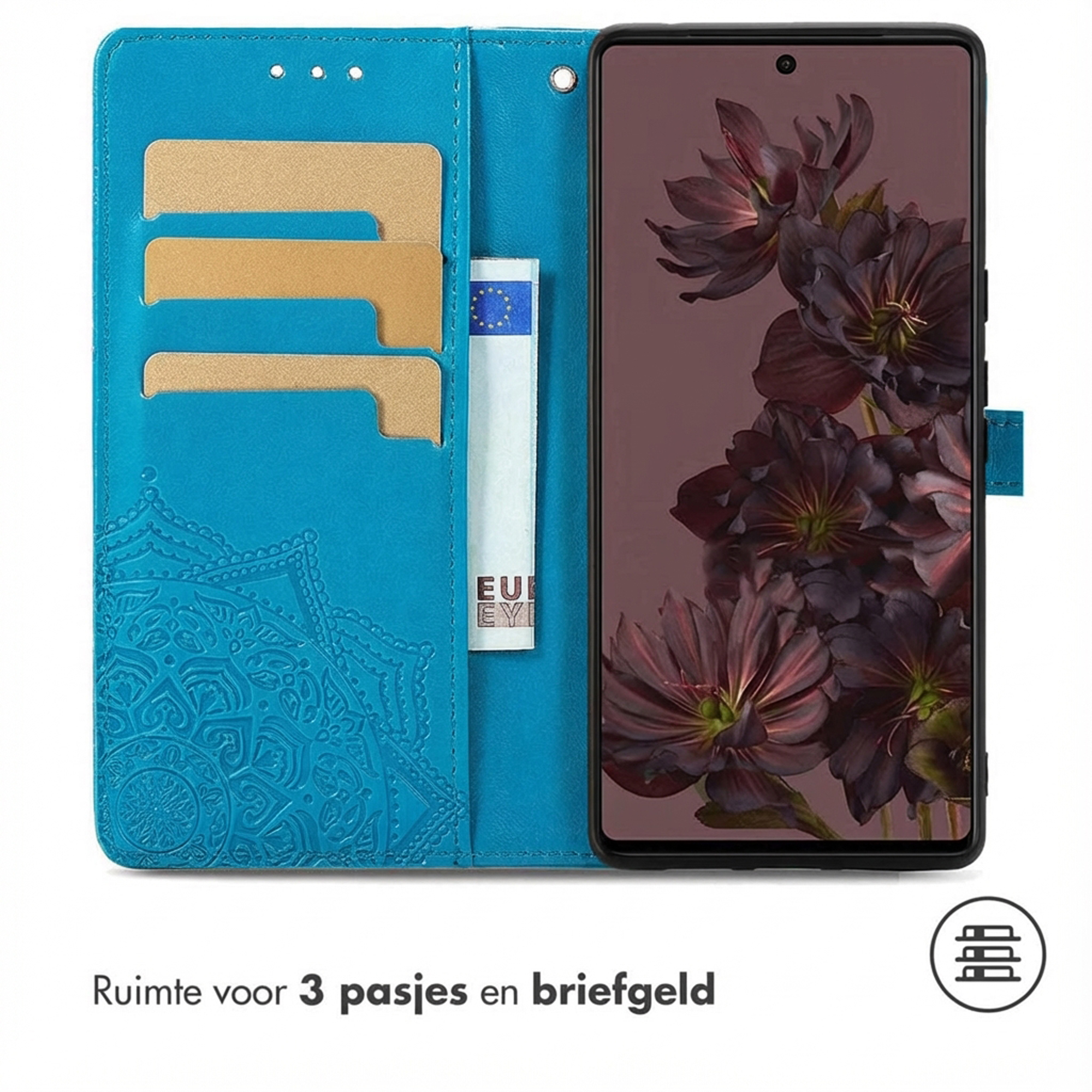 Blauw telefoonhoesje met kaarthouders en bloemenscherm.
