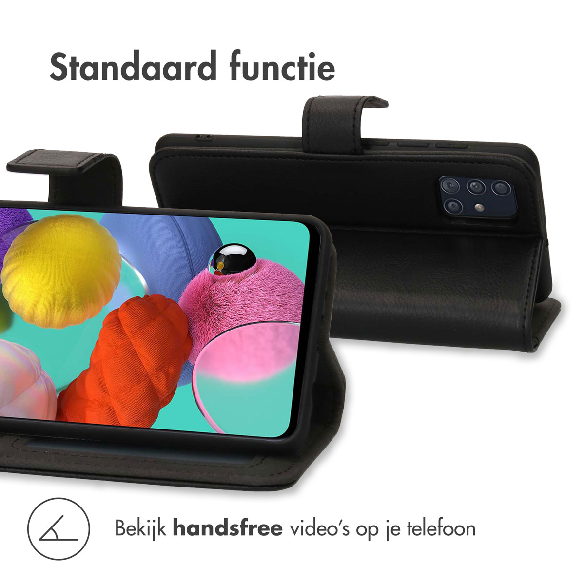 Zwart telefoonhoesje met standaardfunctie en camerauitsparing.