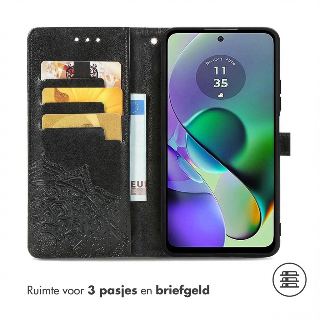 Zwarte portemonneehoes met telefoon, kaartsleuven en biljetvak.