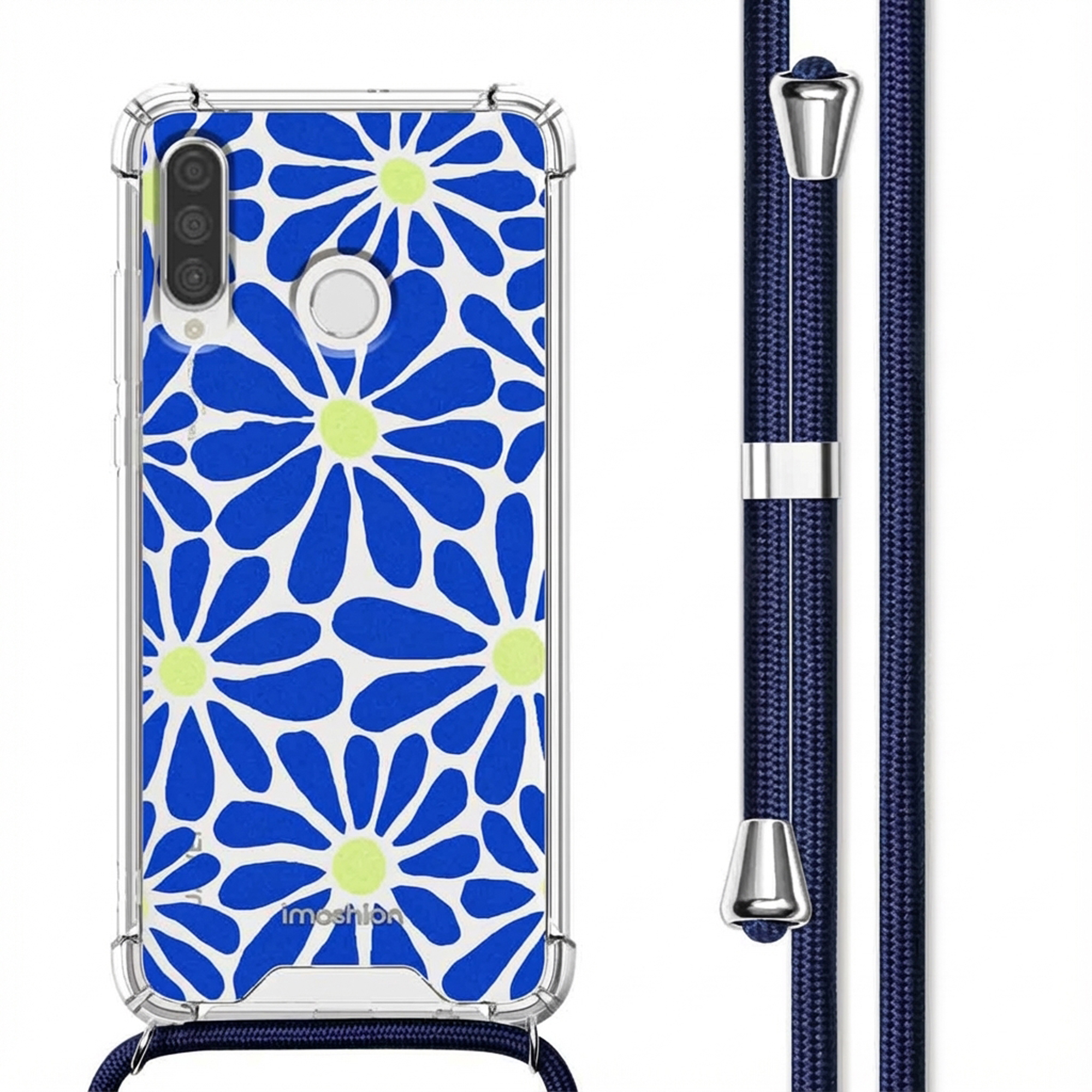Transparante telefoonhoes met blauw-geel bloemenpatroon en blauw koord.