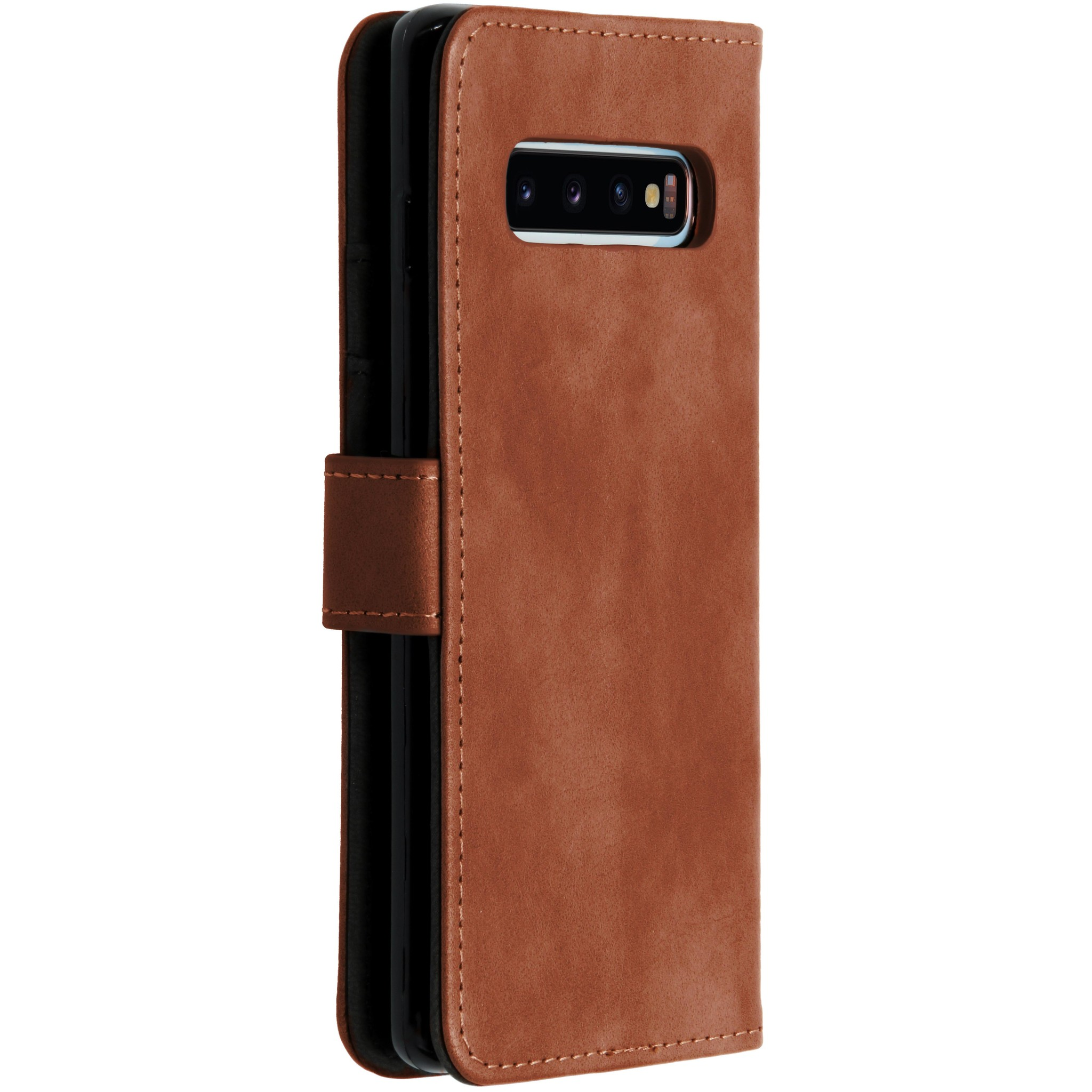 Bruine leren telefoonhoes met camera-uitsparing en magneetsluiting.