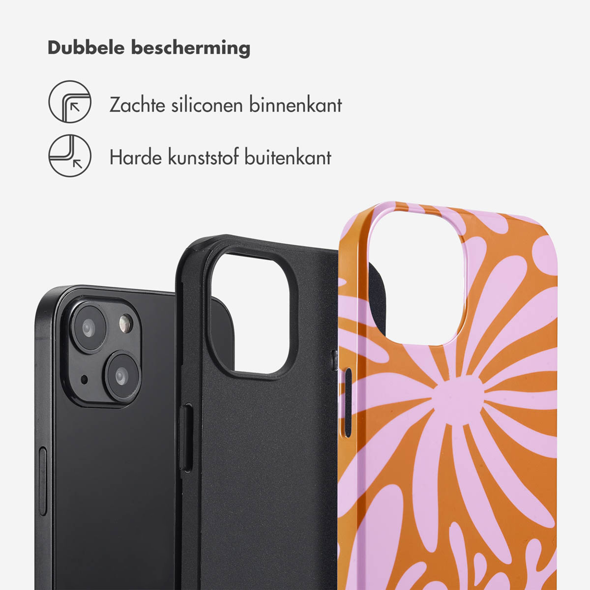 Een zwarte iPhone met een hoesje met een oranje en roze bloemenpatroon.