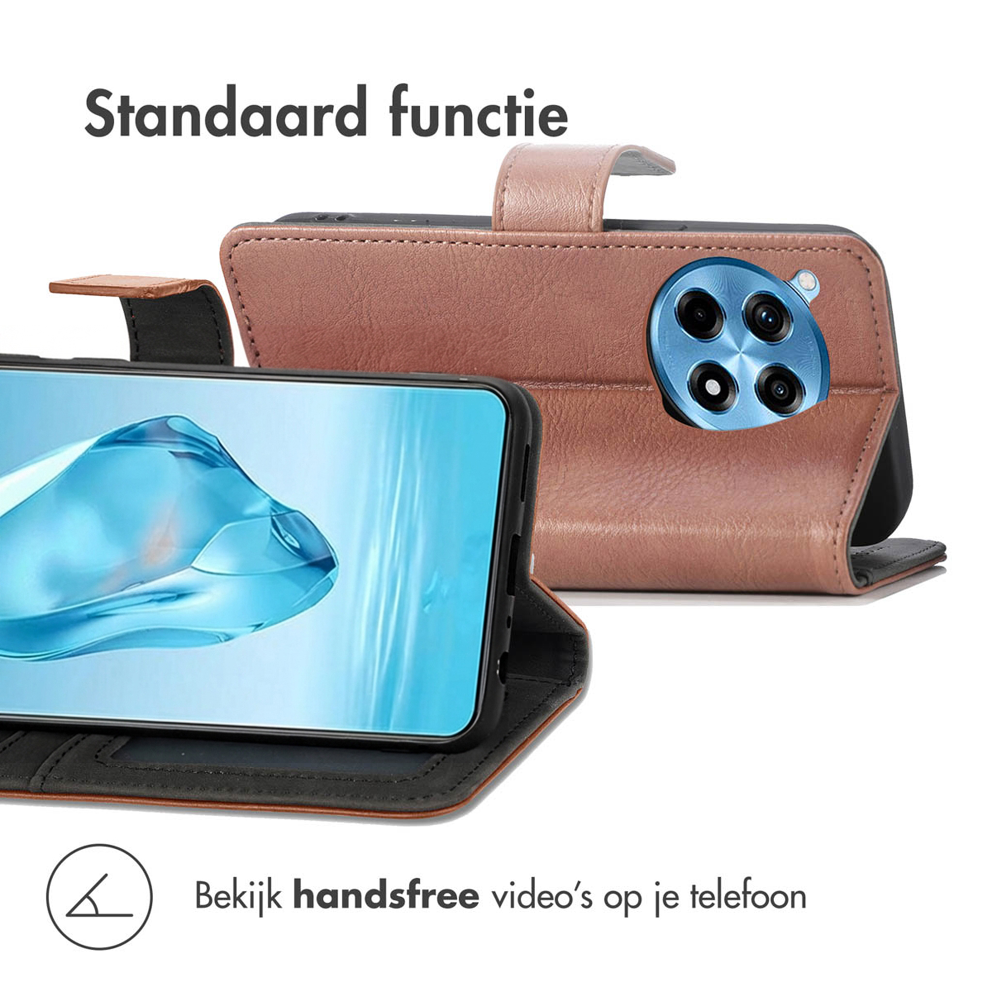 Bruine telefoonhoes met standaardfunctie en vier camera's.